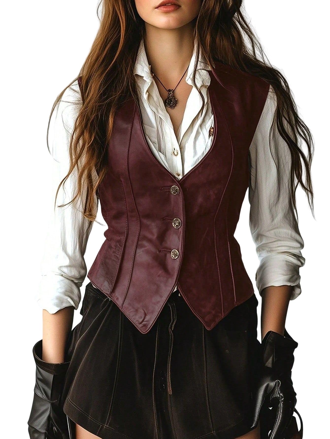 MARZXIN Women Sleeveless Sweater Casual Solid Color Front Button Waist Suit Vest Brown Solid Color PU Leather Vest