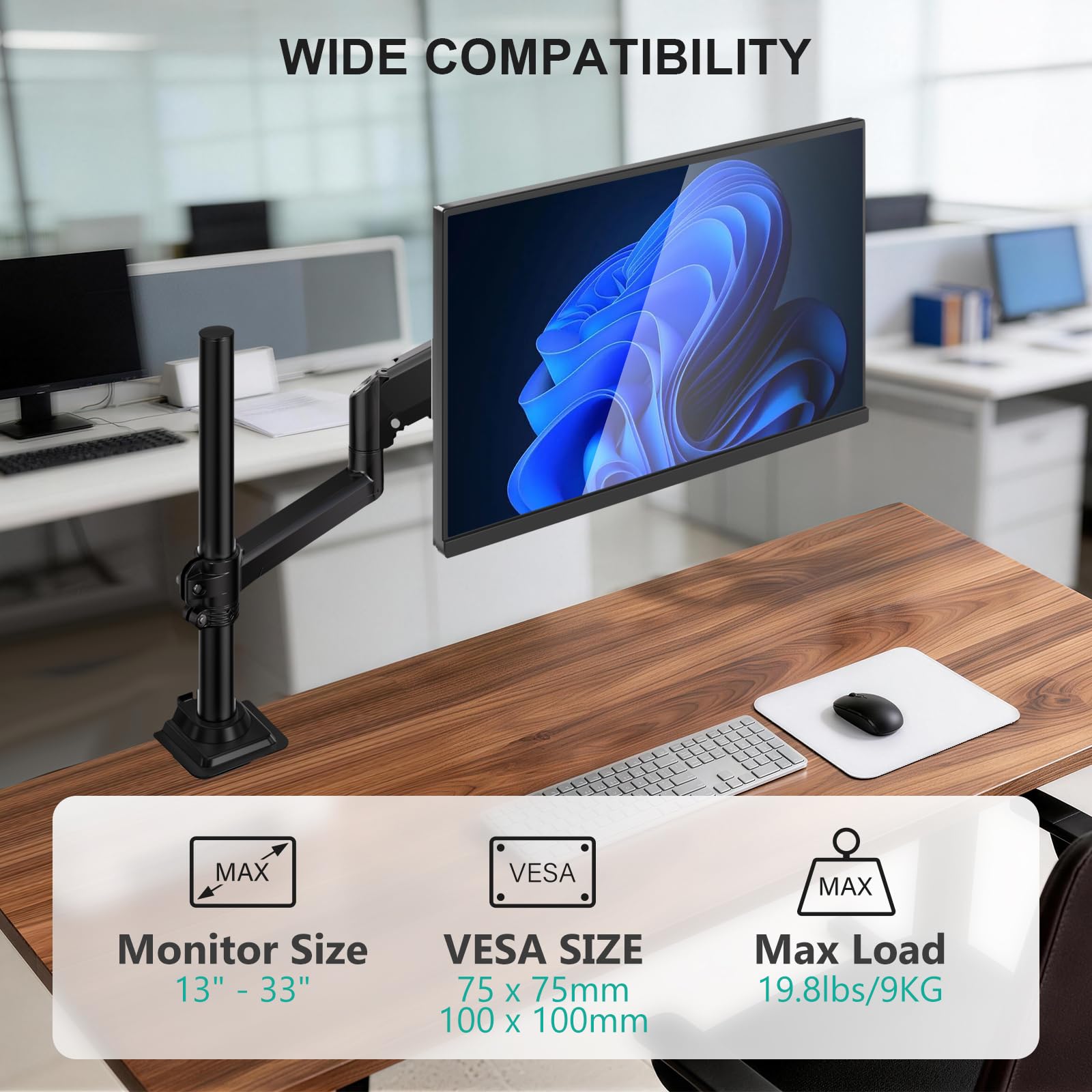WALI Braccio singolo per monitor da 13 a 32 pollici, supporto regolabile per monitor con molla a gas, supporto per monitor del computer con rotazione inclinabile, morsetto a C e base con occhiello,