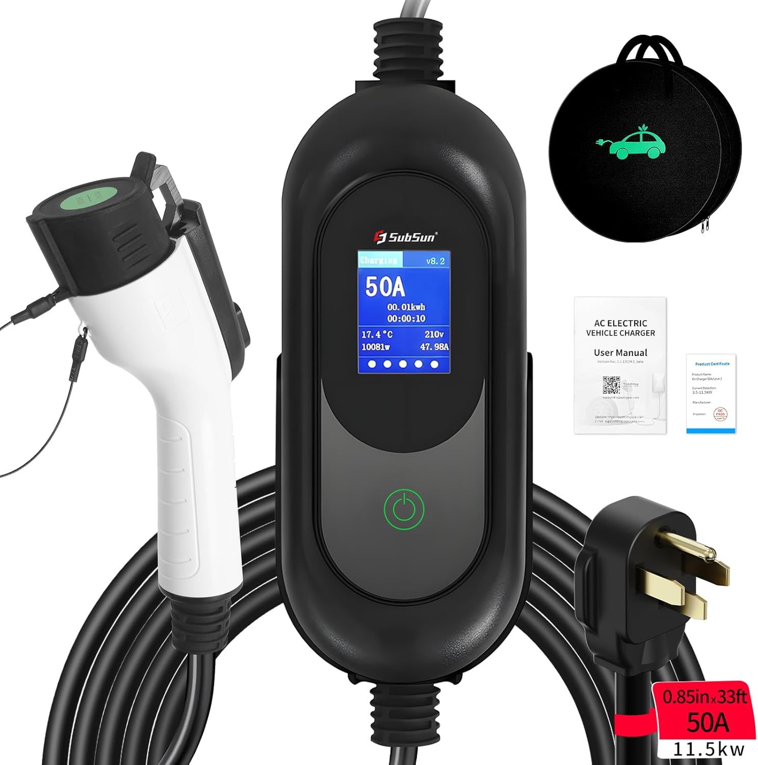 SubSun Universal Portable Level 2 EV Charger with J1772 connector, control box, and NEMA 14-50 plug.