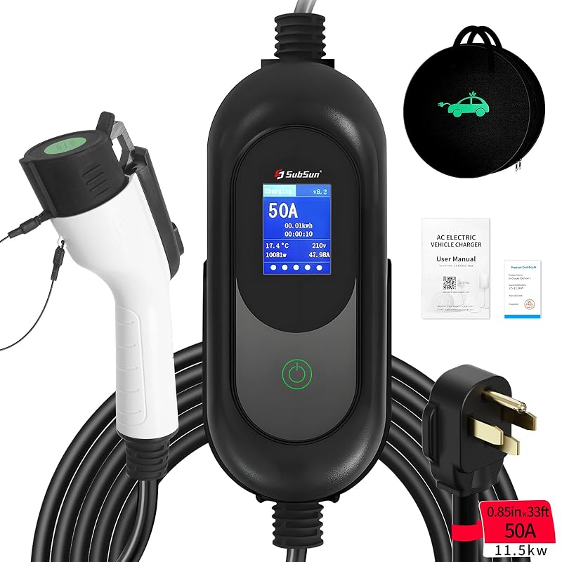 Carregador portátil para veículo elétrico Level 2 SubSun J1772 50 A 240 V com plugue NEMA 14-50, cabo de 10,1 m, preto