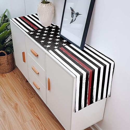 Miniatura 5 de Camino de mesa negro de línea roja fina, lino de algodón de 72 pulgadas de largo, bufandas de vestir con la bandera de Estados Unidos, camino de