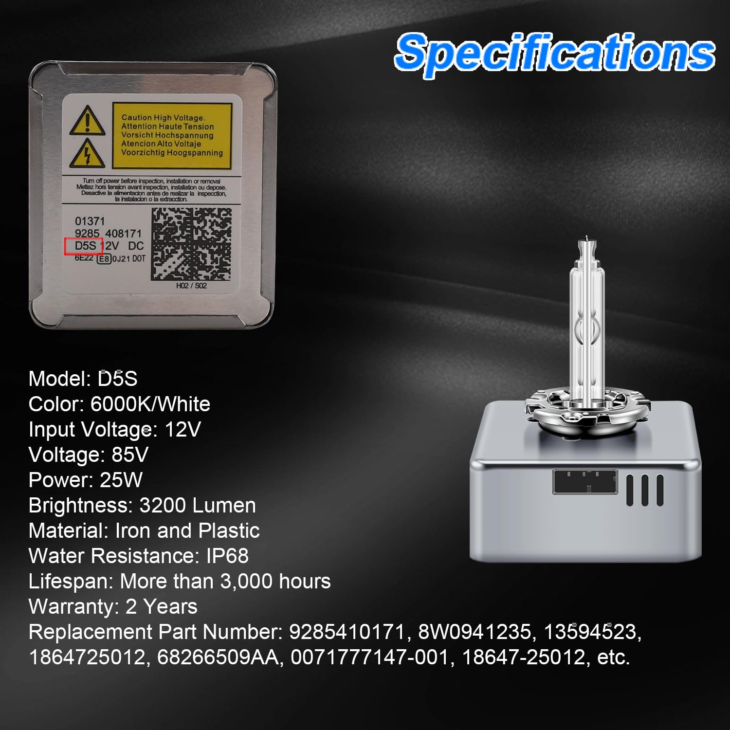 Erato D5S 6000K 25W Lampadine per fari allo xeno HID bianco diamante lampada a scarica abbaglianti e anabbaglianti 12V lampada di ricambio allo xeno impermeabile, confezione da 2