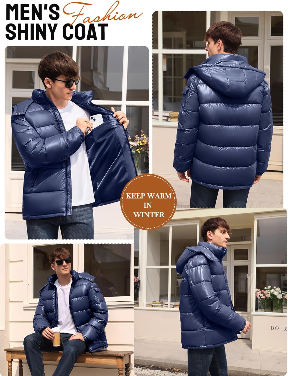 Uikue Men's Winter Puffer Jacket - Waterproof Shiny Quilted Coat Warm Thicken Ski Parka Insulated Outerwear with Hood - Image 2