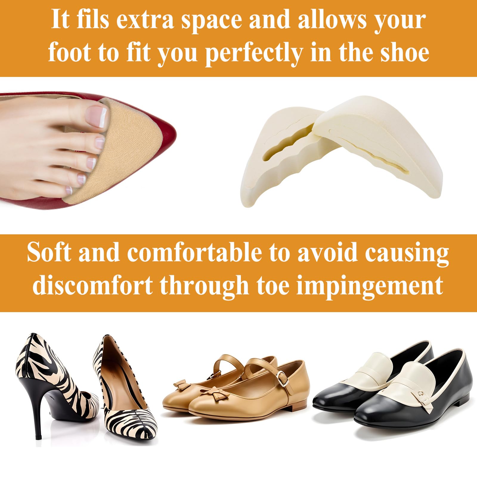 COMNICO Relleno de zapatos para zapatos demasiado grandes, 4 pares de rellenos de esponja suave para zapatos, transpirables, puntera grande, almohadillas reutilizables para el antepié para mujeres y