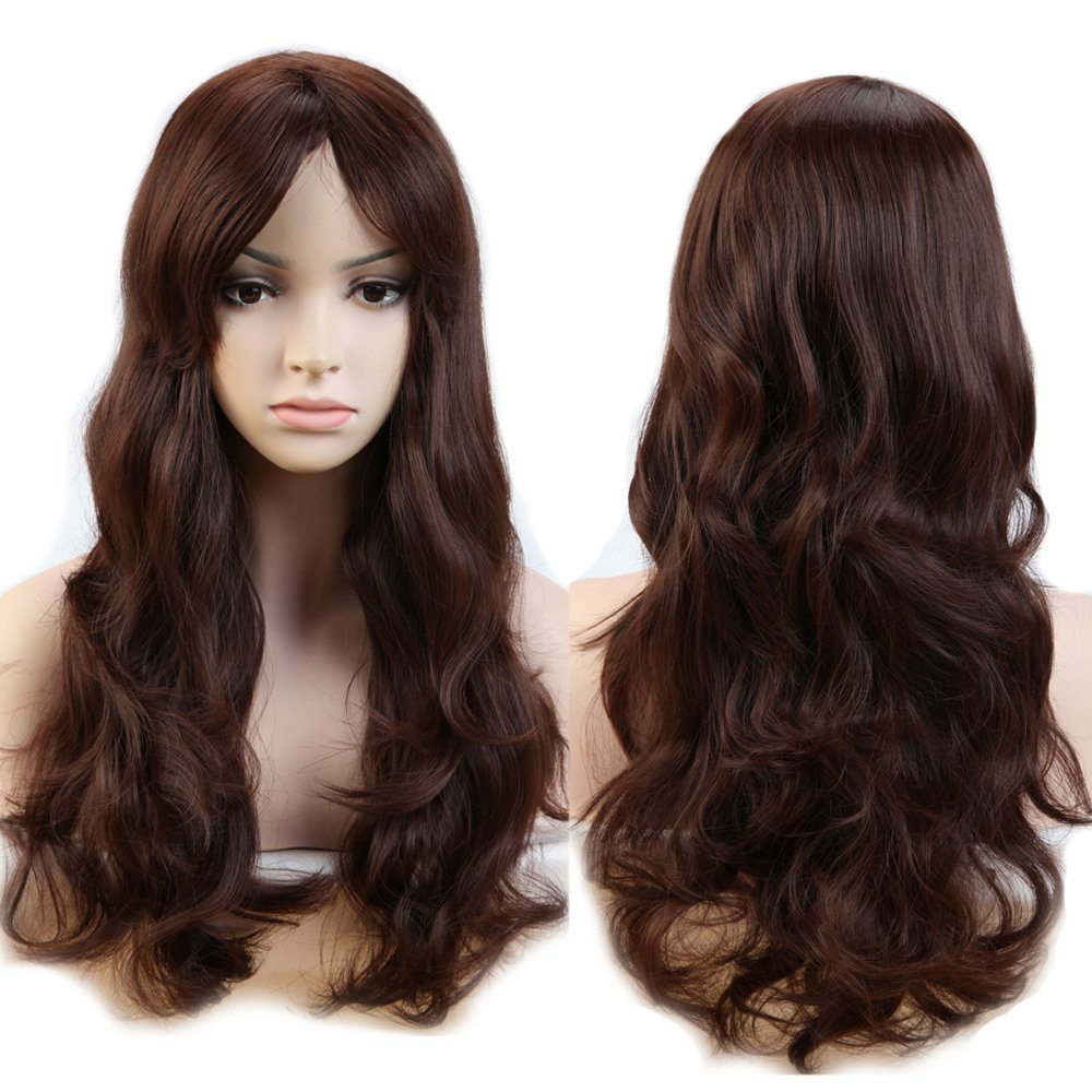 S-noilite Women Long Wavy Medium Brown Hair Wigs With Bangs Natural Daily Party Cosplay Costume Heat Resistant Synthetic Full Wig 19inch Curly