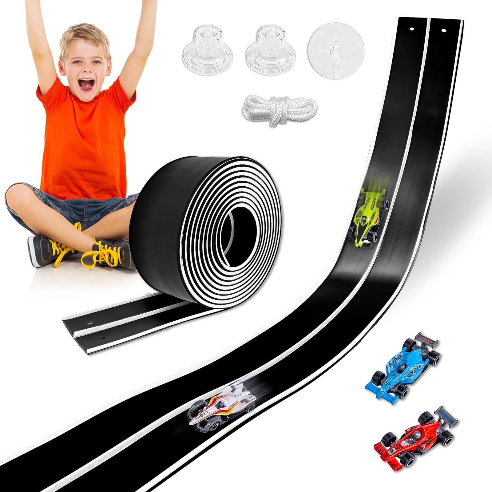 Flexible Race Track Toys for Kids 15 Ft Double Lane Racetrack with 4 Cars & Suction Cups