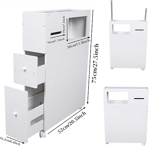 Miniatura 6 de Estantes esquineros blancos de 4 niveles, gabinete de almacenamiento de baño delgado y estrecho con cajones, organizador de espacio pequeño para