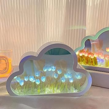 DIY Tulip Night Light, Cloud Tulip Mirror Night Light, Simulation Flower Table Lamp for Home, Tulip Sleeping Table Lamp, Room Decor for Teen Girls, Night Light for Bedroom Blue