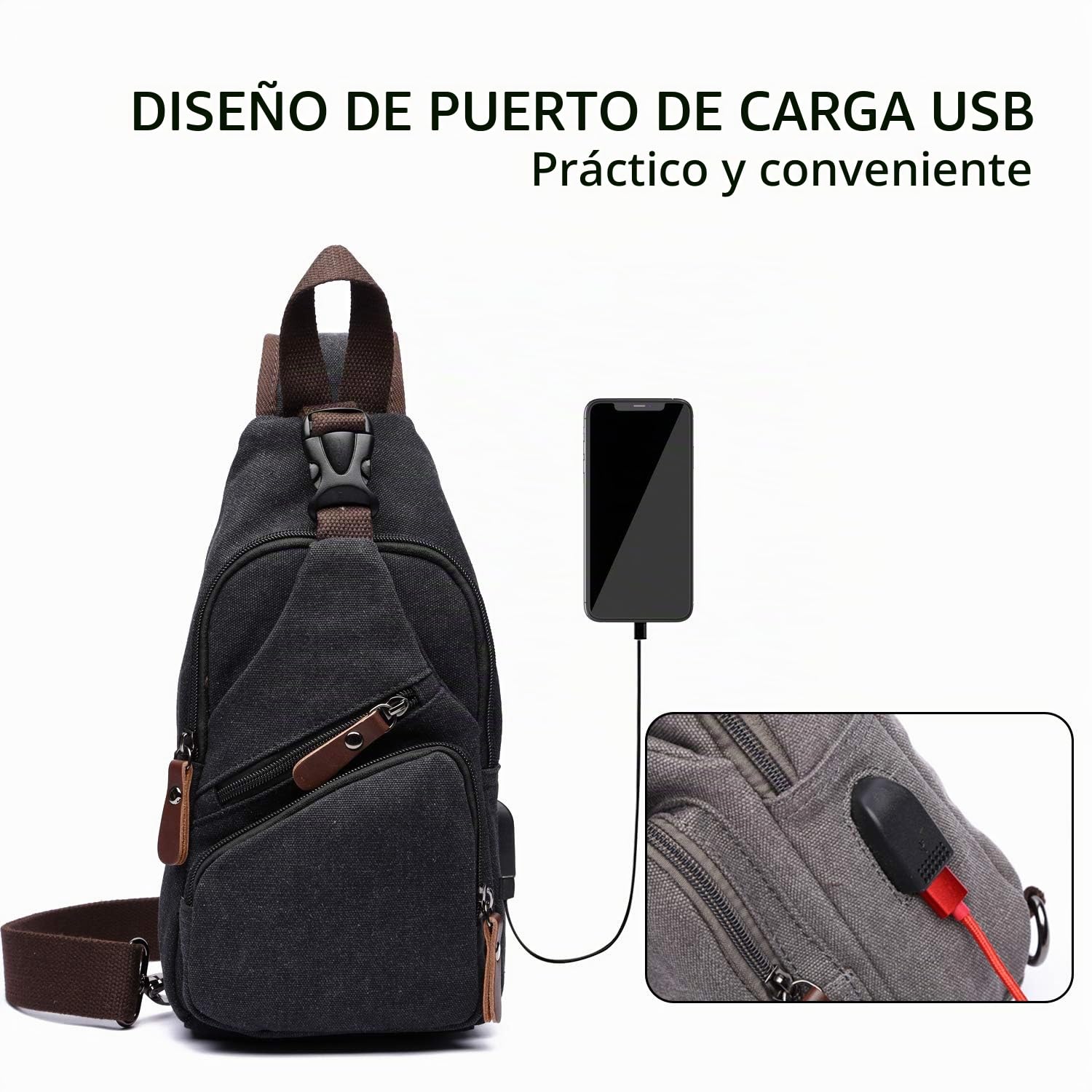 FANDARE Bolsa de Pecho Hombre Bolsa de Lona Bolsa Deportiva de Hombro Bandoleras Cruzada con USB Bolsa de Mochila,Mochilas Pequeñas para Ciclismo,Acampada,Viaje