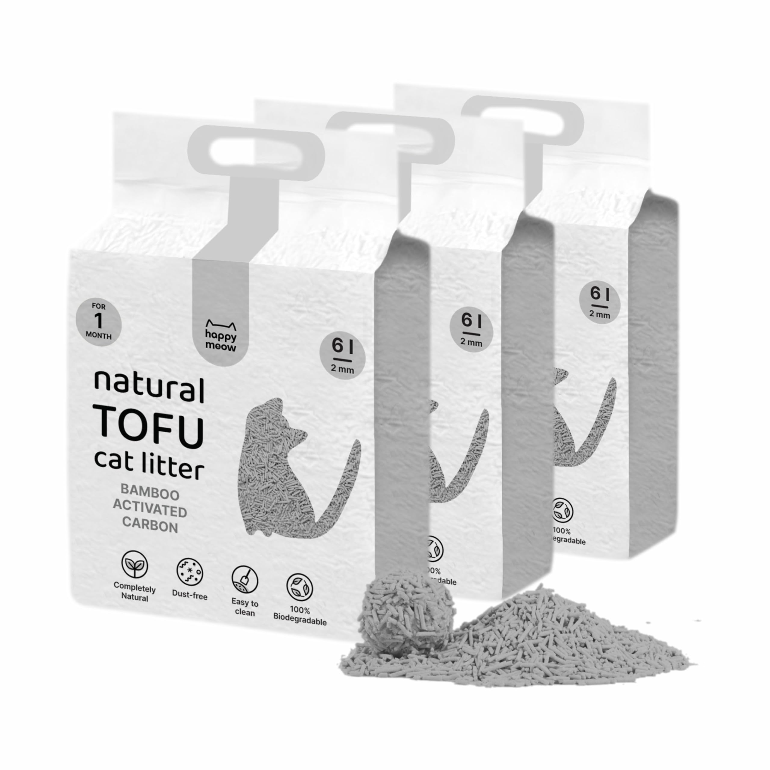 HAPPY MEOW Arena de Tofu para Gatos (18L/7,5Kg) - Biodegradable y Aglomerante Instantáneo, Bajo en Polvo, Control de Olores Duradero, Ultra Absorbente, Desechable en el Inodoro (Carbón Activado)