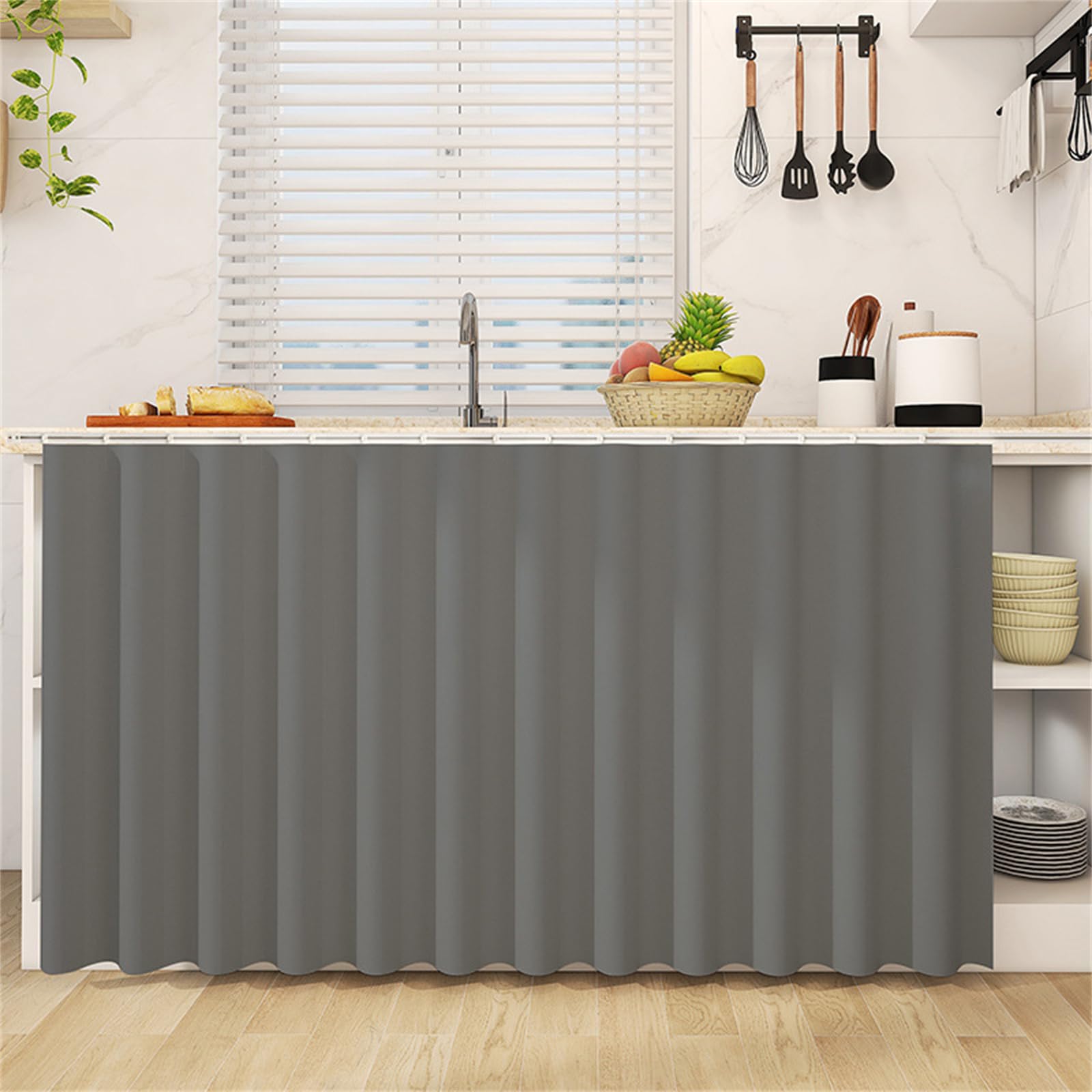 Highdi Cupboard Short Curtain Kitchen, Hide Away Small Curtains for Kitchen Cupboard Door - No Drilling Is Required with Hook and Loop for Under Sink-Solid Colour (Medium Grey,70 * 100cm)