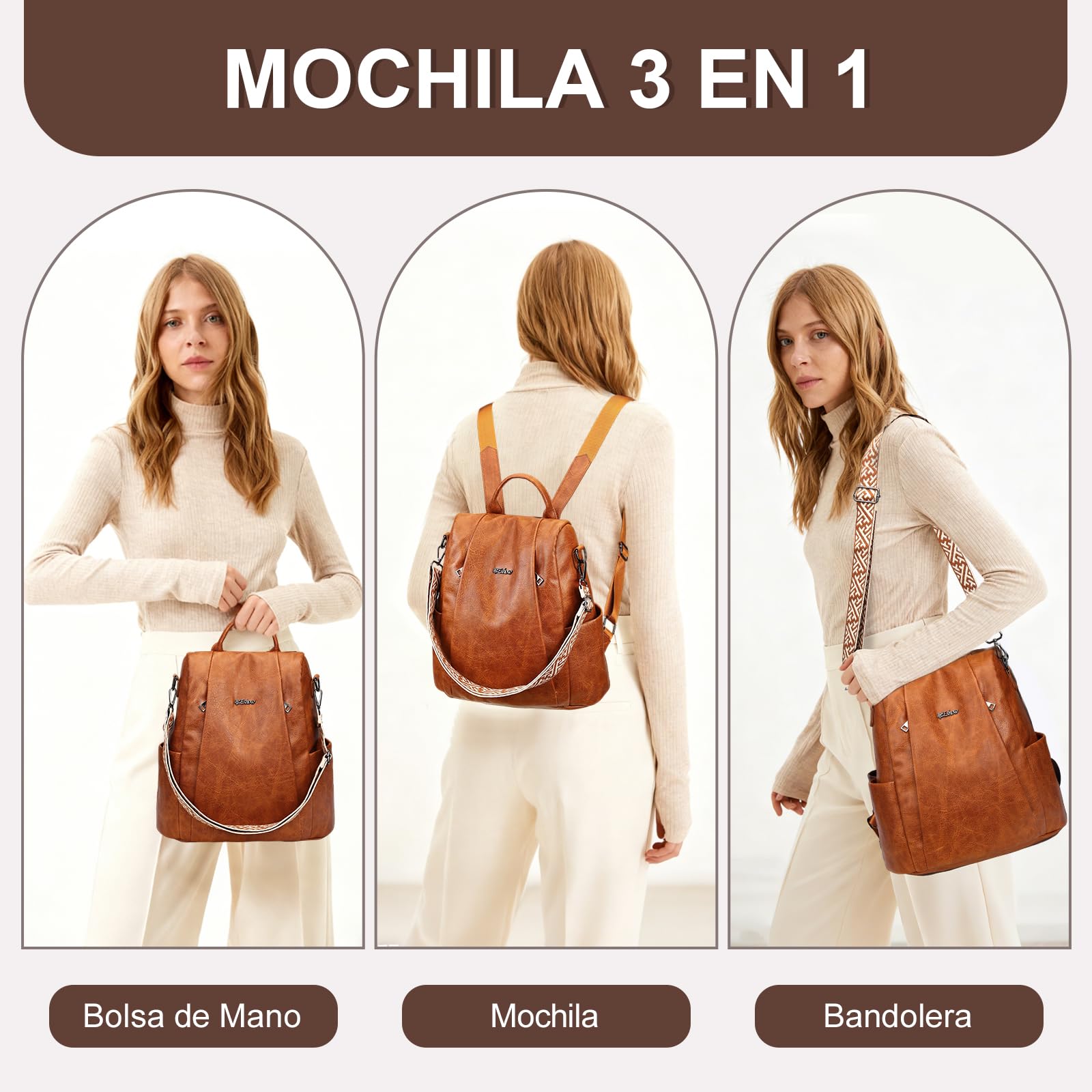 Eshow Mochila Antirrobo Mujer con Neceser Pequeño, Bolso Impermeable de Cuero PU, se Puede como Bandolera o de Mano para Trabajo Viaje Universidad Escuela y Compras