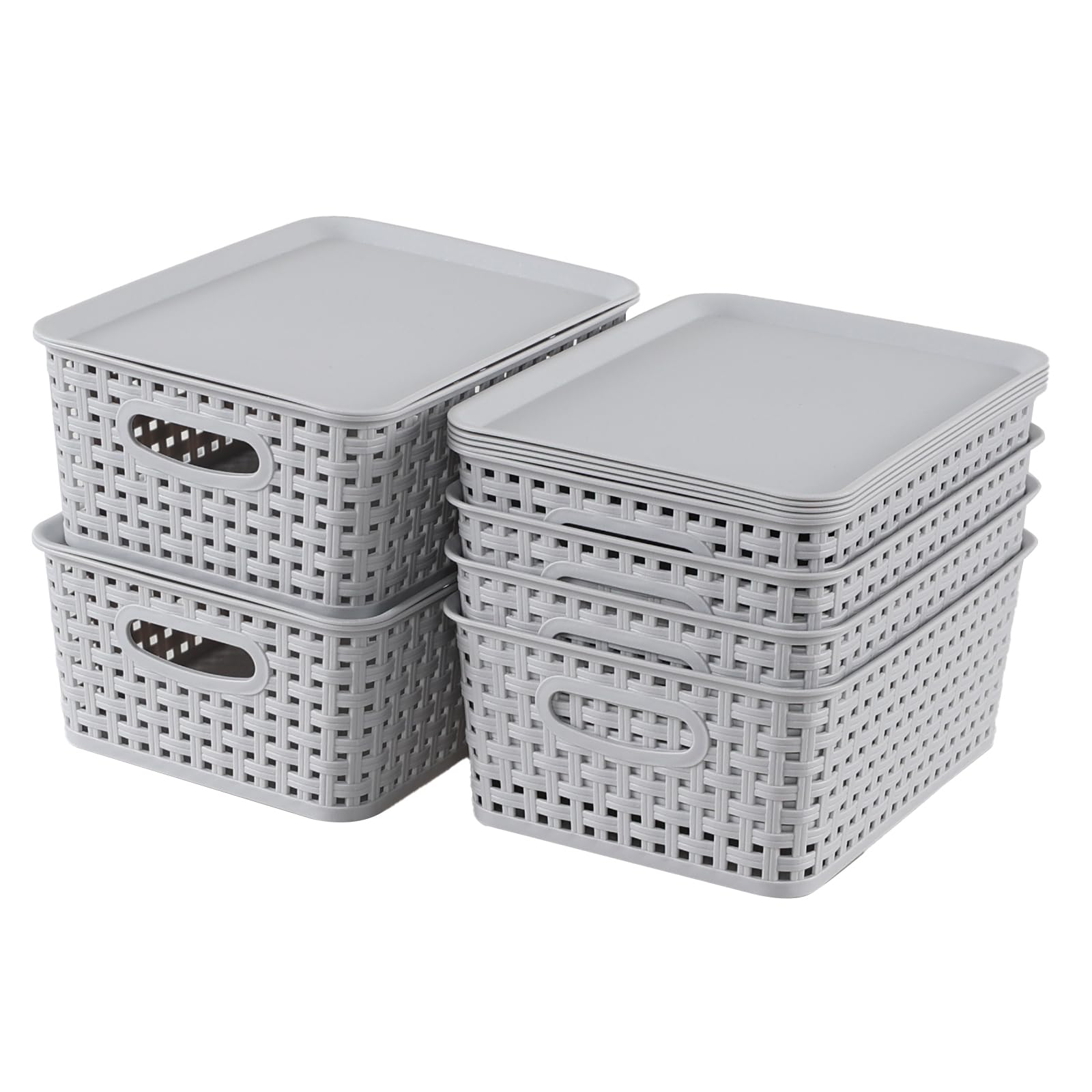 Guankan 6 Pack Plastic Weave Basket with Lid, Small Storage Baskets for Cupboards, Grey