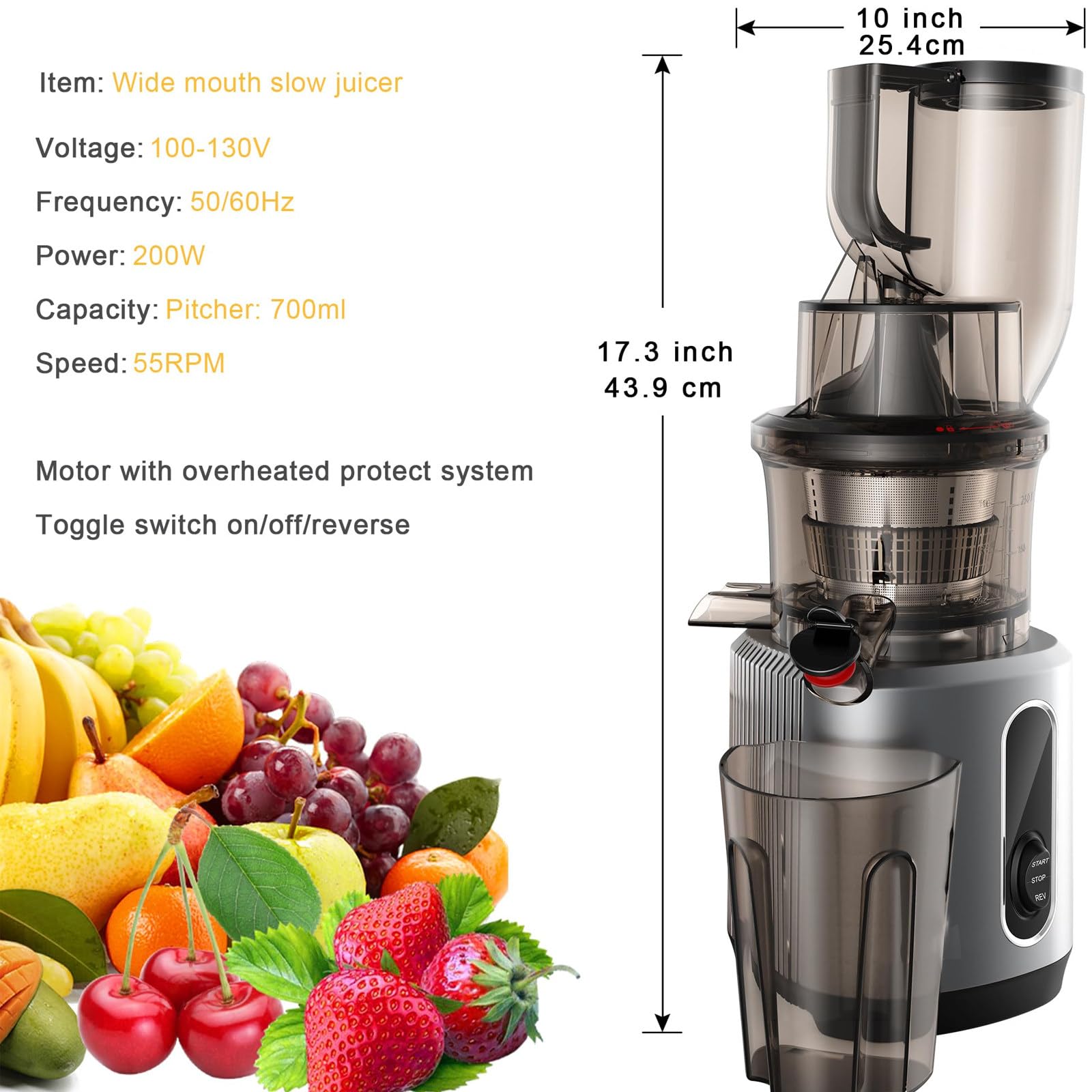 Spremiagrumi Lento A Bocca Larga Per Frutta E Verdura, Spremiagrumi 200W,Spremiagrumi Centrifugo Bocca Larga 75 Mm, Centrifugo Acciaio Inossidabile A Velocità 55 Giri/Min/Capacità 700 Ml,Grey