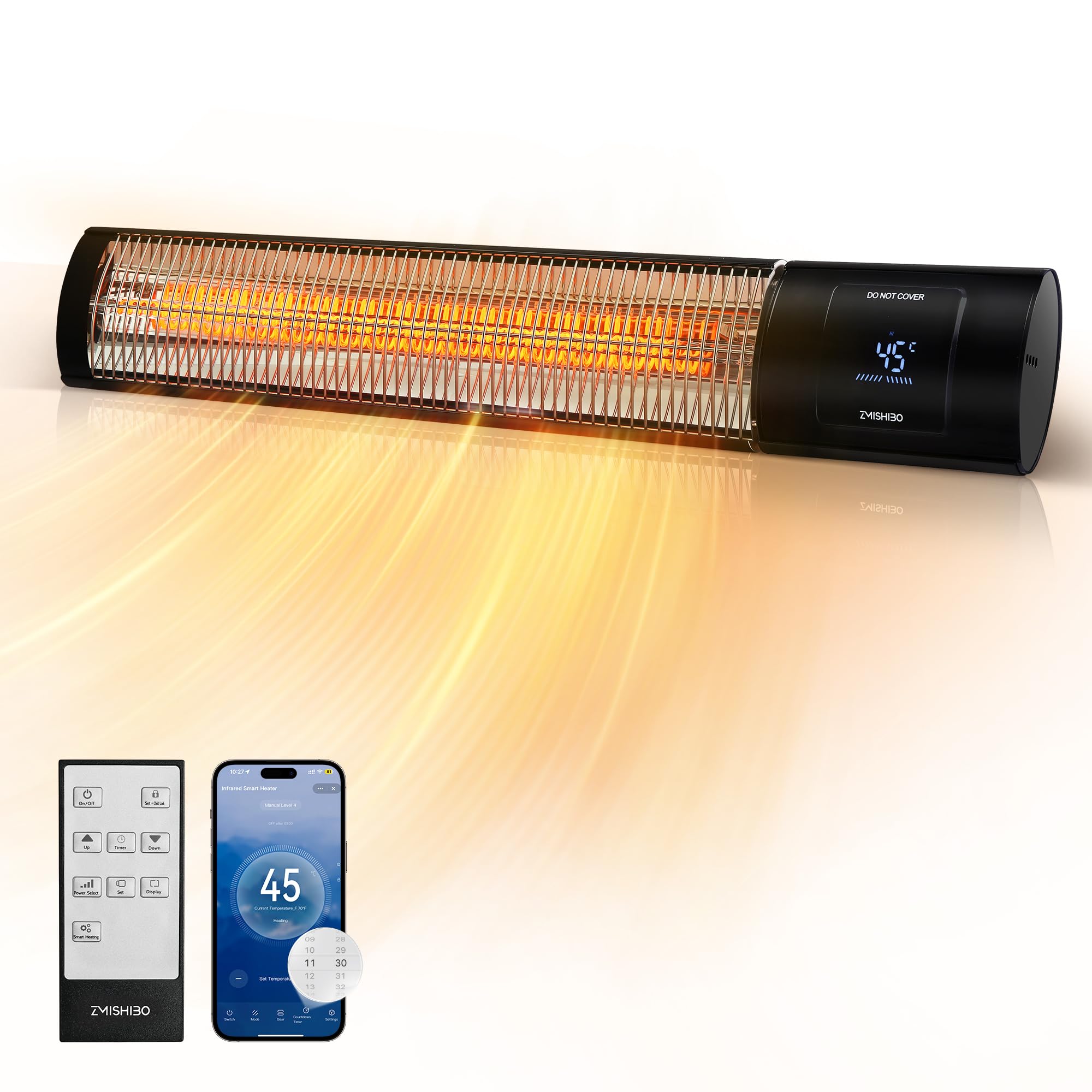 ZMISHIBO Infrarot Heizstrahler 2000W, 4 Heizstufen, IP65 für innen & außen, Wand- & Deckenmontage, mit APP, LED-Display, Fenster-Offen-Erkennung & Kindersicherung