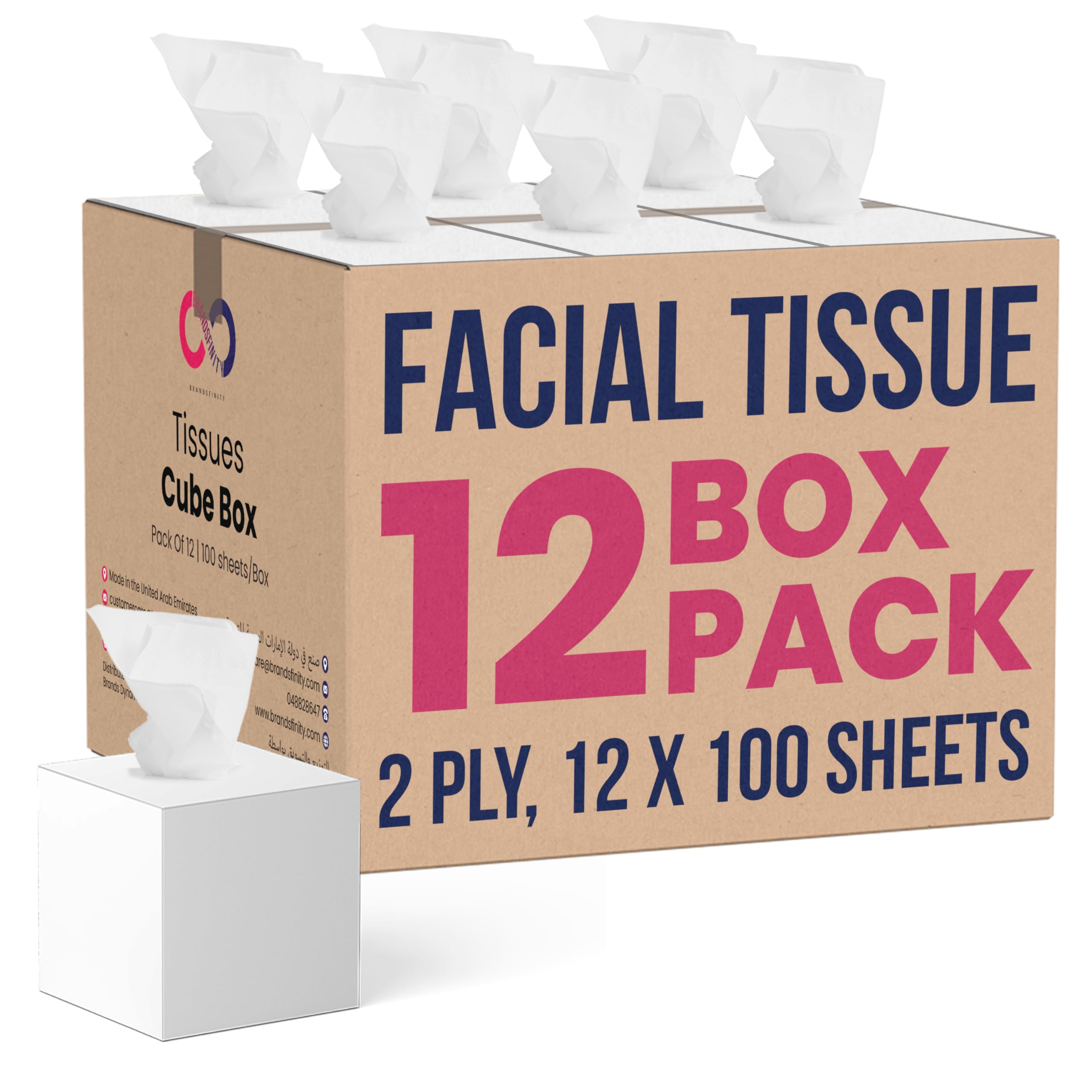 Brandsfinity 2 Ply Facial Tissue - 1200 Sheets, 12 Cube Boxes, White, Bulk Tissue