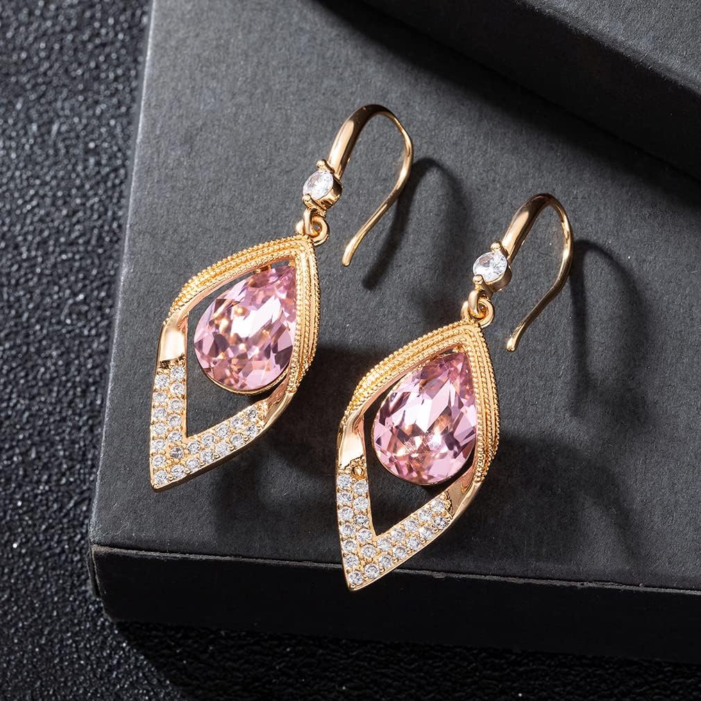 Austrian Crystal Teardrop Hollow Leaf Drop Dangle Earrings for Women 14K Rose Gold Plated Hypoallergenic Jewelry - Image 3