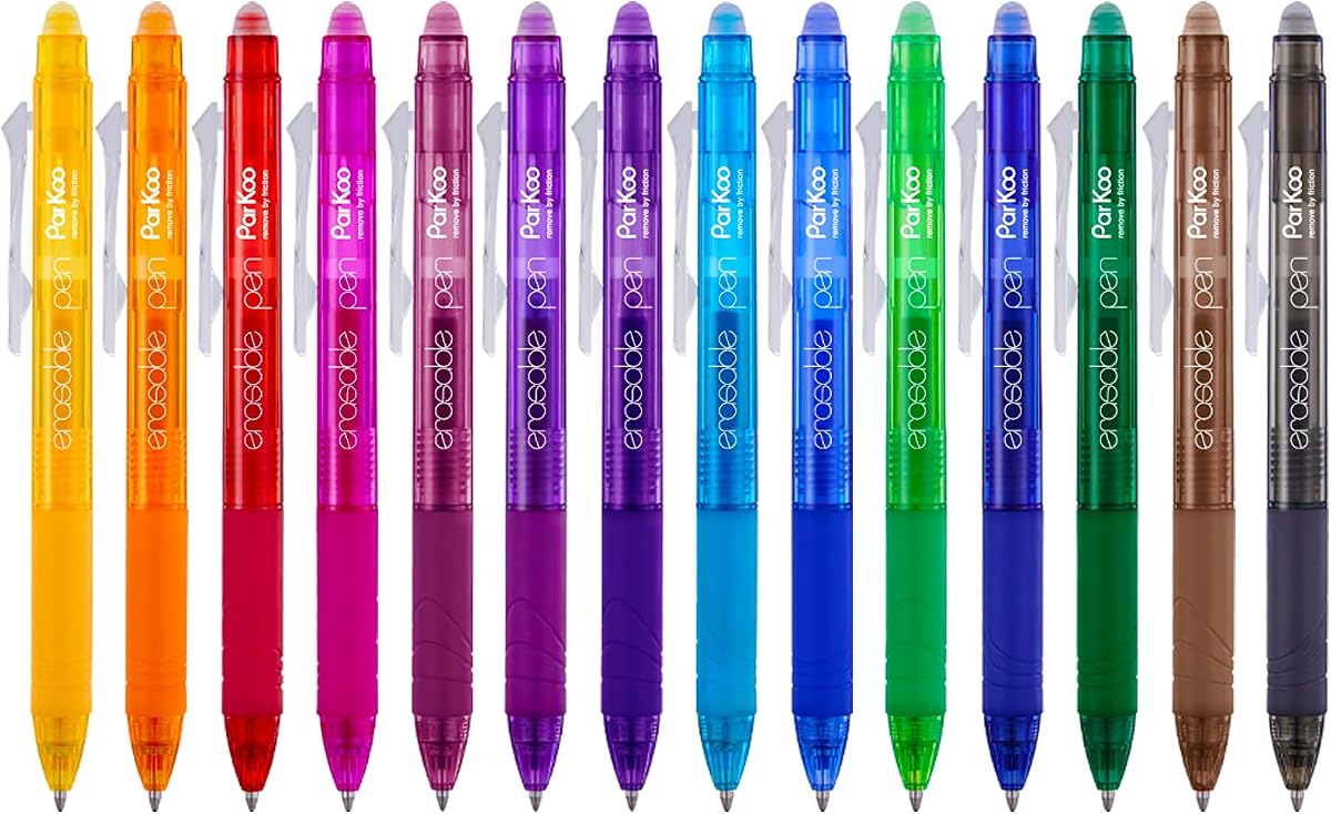 ParKoo Erasable Gel Pens Clicker, 14 Classic Colors, 0.7mm Fine Point Pens | Retractable Design, Thermo-Sensitive Ink, Clean Erasing, Smooth Writing, Comfortable Grip, Drawing, Journaling