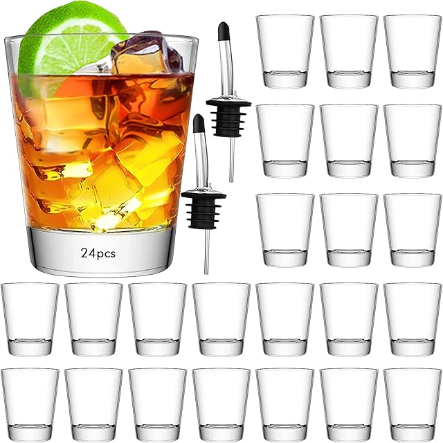 SuproBarware Shot Glasses Set of 24 Bulk Shot Glasses 2oz/60ml Clear Round Shot Glass Heavy Base, Rock Shot Glasses for Cocktails, Vodka, Espressos, Liqueurs, Tequila, Wine and Desserts (24 Packs)