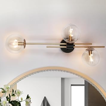 Gold Black Bathroom Sconces Wall Lighting, Modern Wall Sconce with Globe Clear Glass Shade, 3-Light Vanity Light Fixtures Over or Beside Mirror for Bedroom, Living Room, Kitchen and Hallway