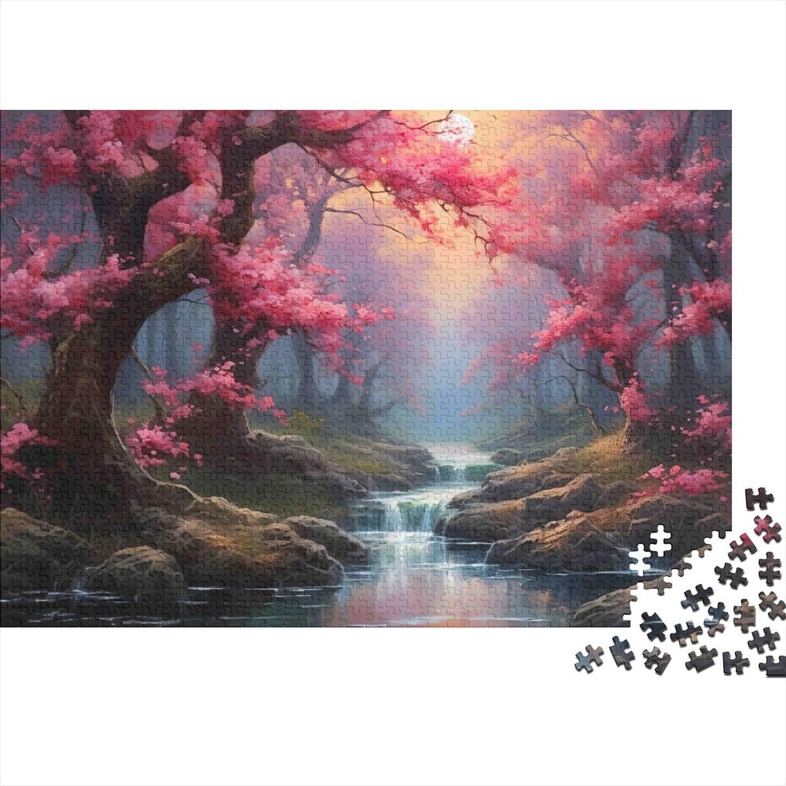 Pink Forest Stream 1000 Piece Jigsaw Puzzle Paper for Adults Sunset View Jigsaw Puzzle for Family Home Relaxation 38x26cm/1000pcs — image 1