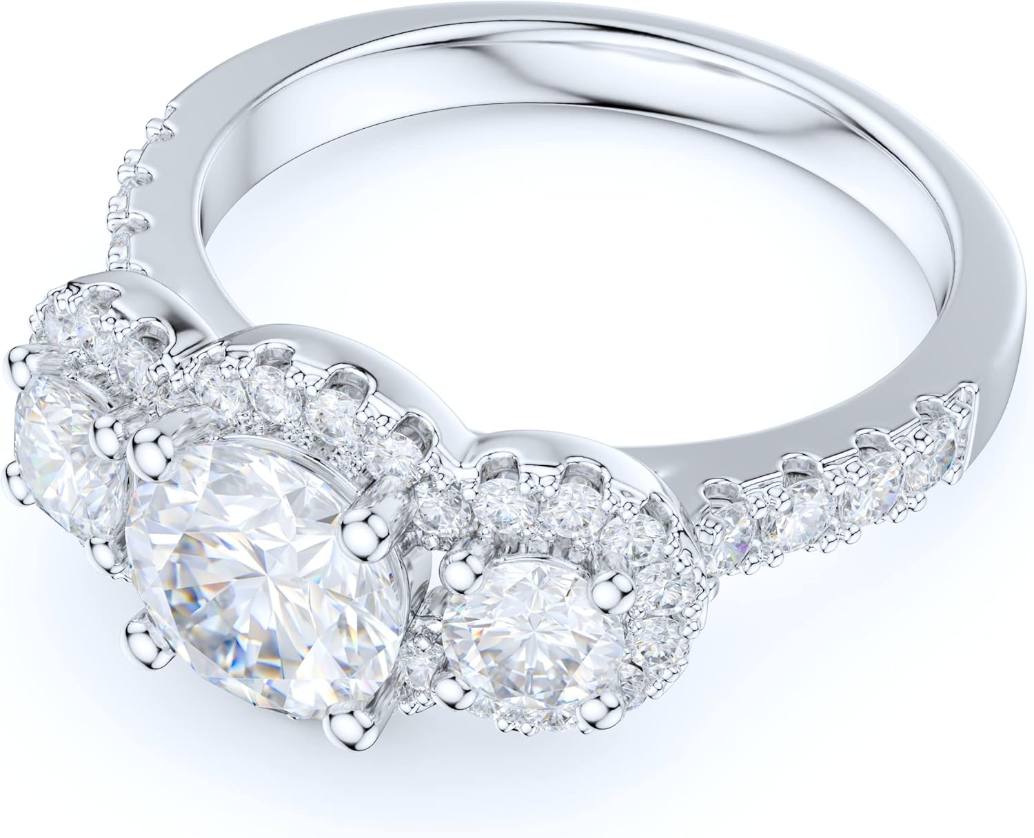 Sterling Silver Three Stones 1CT Simulated Round Brilliant Cut Diamond or Genuine Moissanite Halo Engagement Ring Wedding Promise Ring