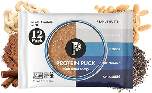 Protein Puck Mini barras de proteínas, Mighty Moxie, caja de 12 bocadillos altos en proteínas con 0.25 oz de proteína vegana, sin gluten, sin