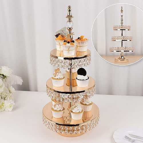 Efavormart 3-Tier Crystal Beaded Gold Metal Cake Stand, Cupcake Tower