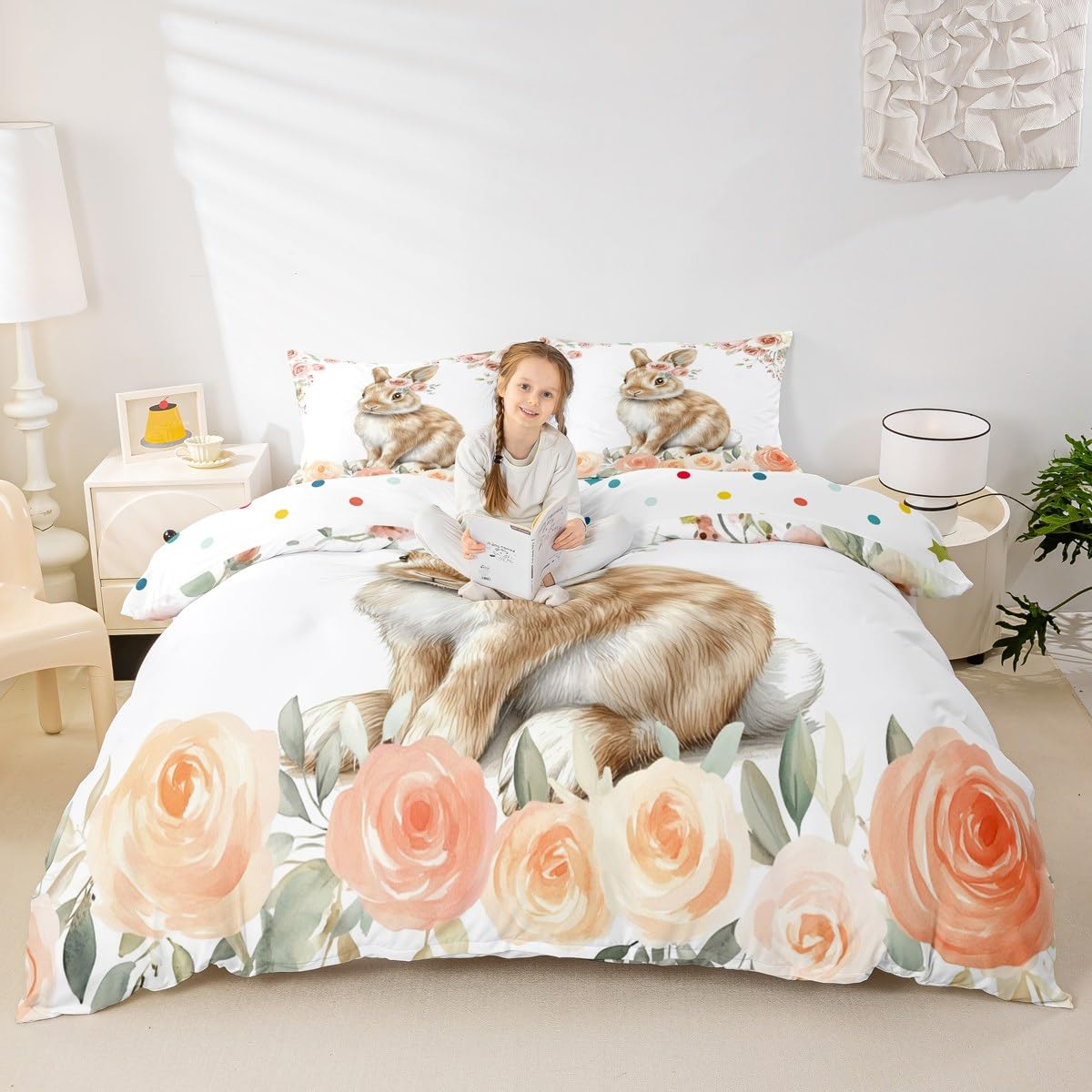 Erosebridal Girls Cute Rabbit Comforter Cover Toddler Woodland Wildlife Duvet Cover for Kids Boys,Pink Roses Bedding Set,Green Leaf Plant Quilt Cover Spring Garden Bed Set Room Decor