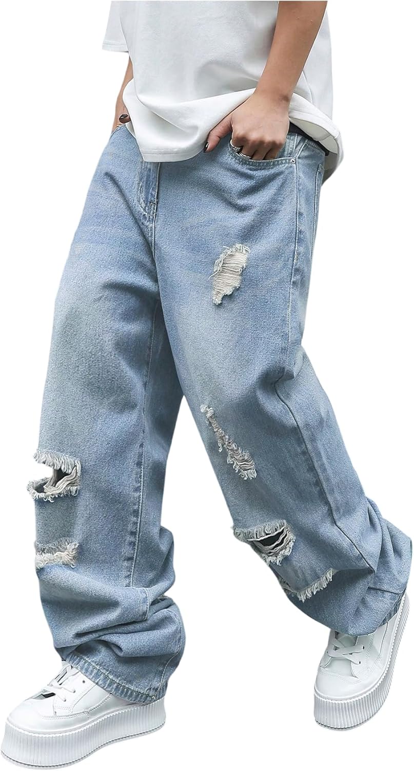 SweatyRocks Men's Baggy Jeans Ripped Loose Low Waist Casual Wide Leg Denim Pants Streetwear