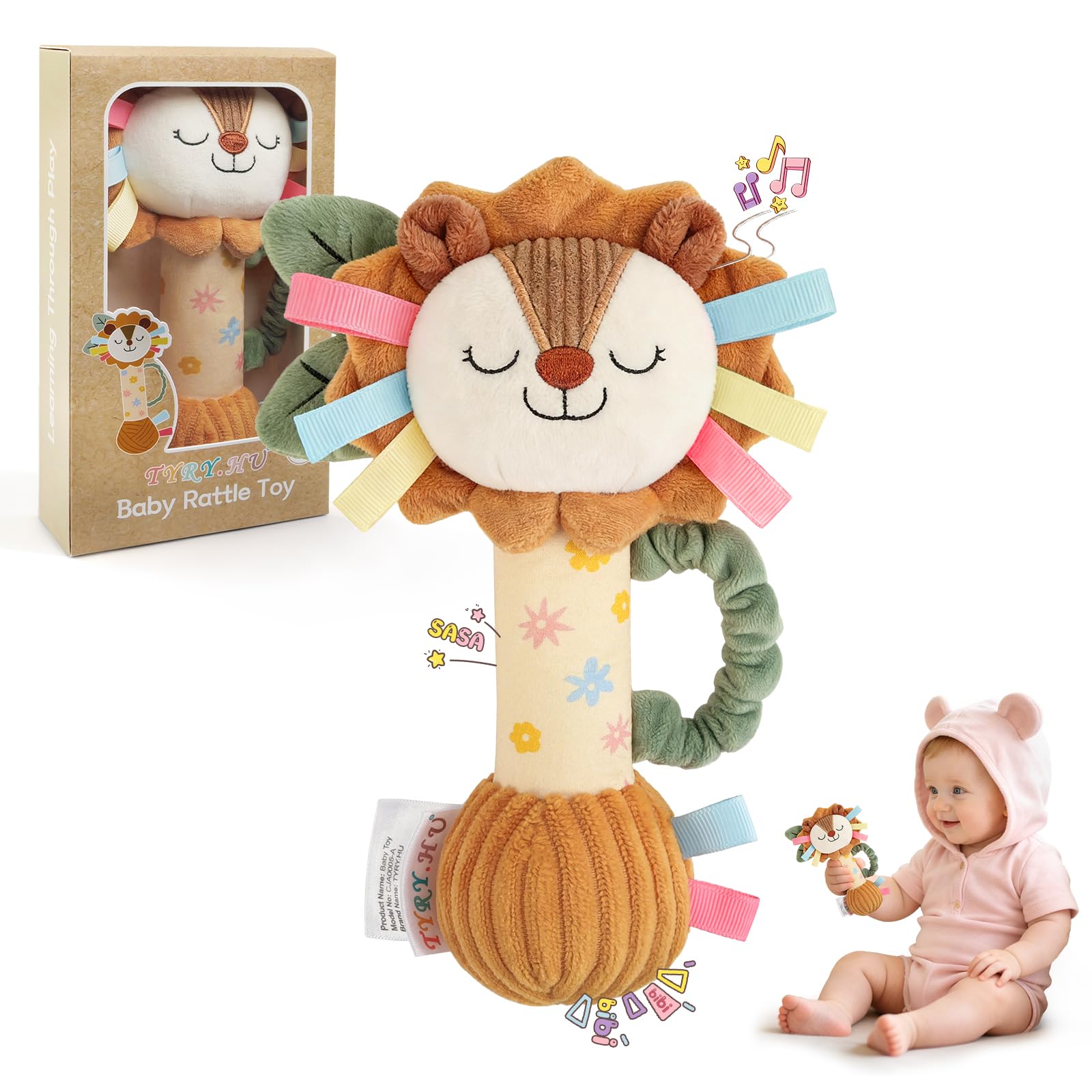 TYRY.HU Sonajero para Bebés,Juguete León Sensorial de Peluche con Campanilla,Papel Crujiente y Chirriador,Regalo para Recién Nacidos 0-12 Meses