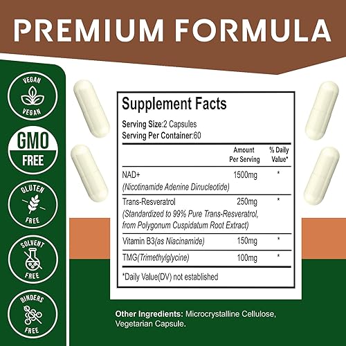 Miniatura 6 de NAD+ Resveratrol Supplement 120 Capsules, Supports Healthy Aging, Cellular Energy, Metabolism & Brain Boost for Men & Women