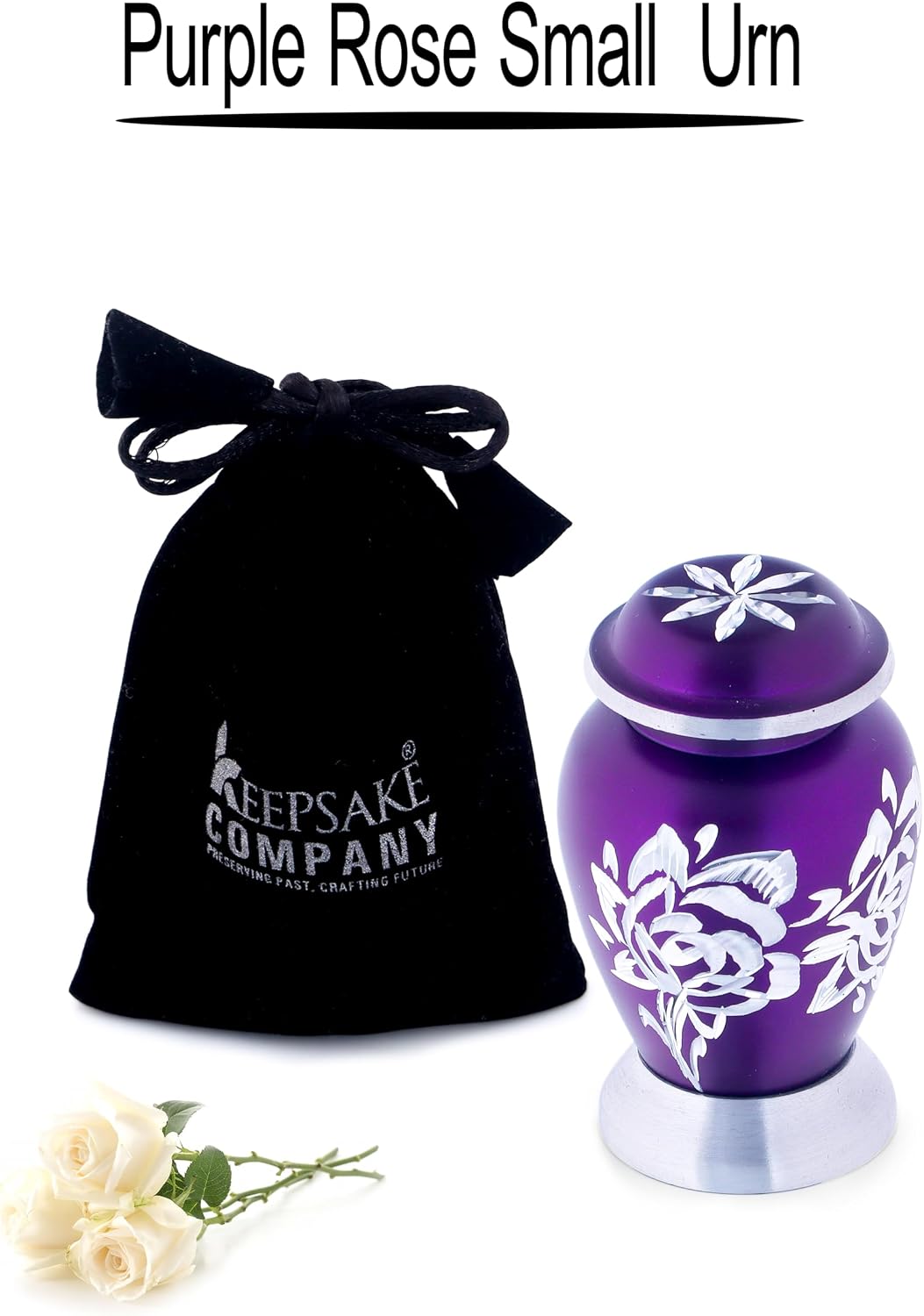 Purple Shimmer Roses Engraved Small Urn for Ashes - 3" Height and can accomodate 3 Cubic inches only - with Beautiful Cap and Base