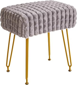 IBUYKE Rectangular Footrest Stool Ottoman, Makeup Vanity Stool Side Table, Velvet Dressing Table Seat, Footstool Chair, Golden Steel Legs, for Makeup Room, Bedroom, Square Grid Pattern, Grey WBD003G
