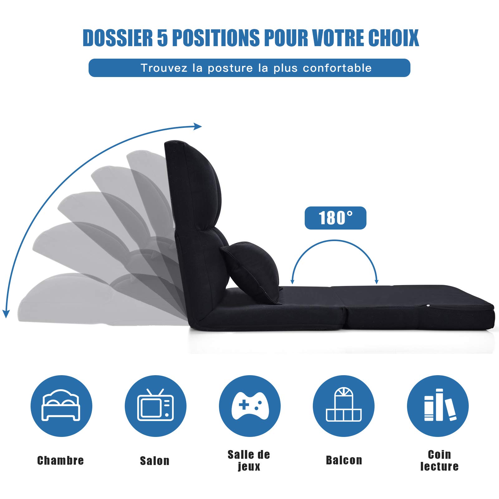 COSTWAY Chauffeuse 1 Place Adulte，Fauteuil Relax de Sol avec Oreiller, Chaise de Sol Pliable avec Dossier Réglable sur 5 Niveaux, Canapé Paresseux pour Lecture, Méditation, Charge 100KG (Noir)
