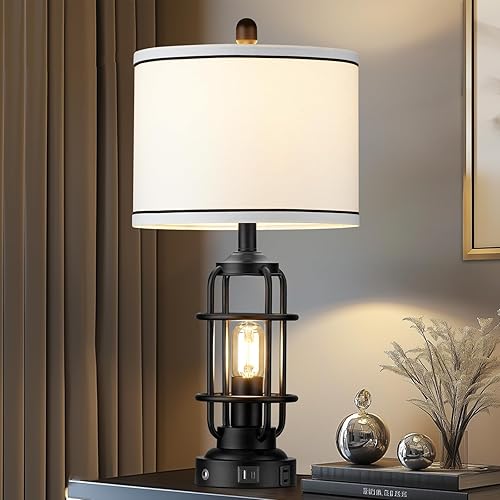 26" Modern Lamp for Living Room, Industrial 3-Way Dimmable Beside Table Lamp with USB A+C Charging Ports & AC Outlet, Touch Control Beside Lamp LED