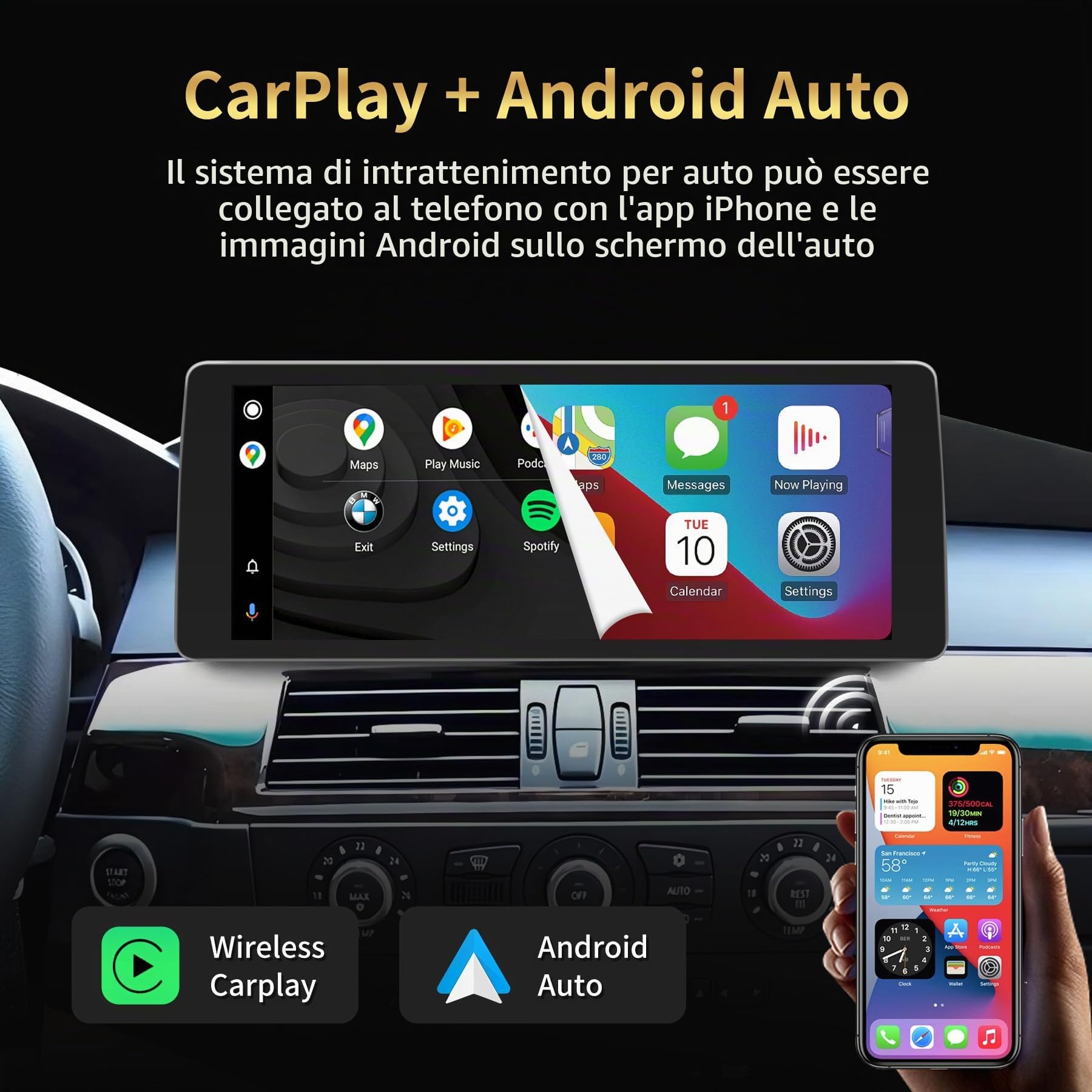 Autoradio Android 14 touchscreen da 12,3 pollici per BMW Serie 5 E60/E61 (2003-2008) con sistema CCC - Wireless CarPlay/Android Auto, schermo HD, navigazione GPS, Mirror Link, 4G + 64G