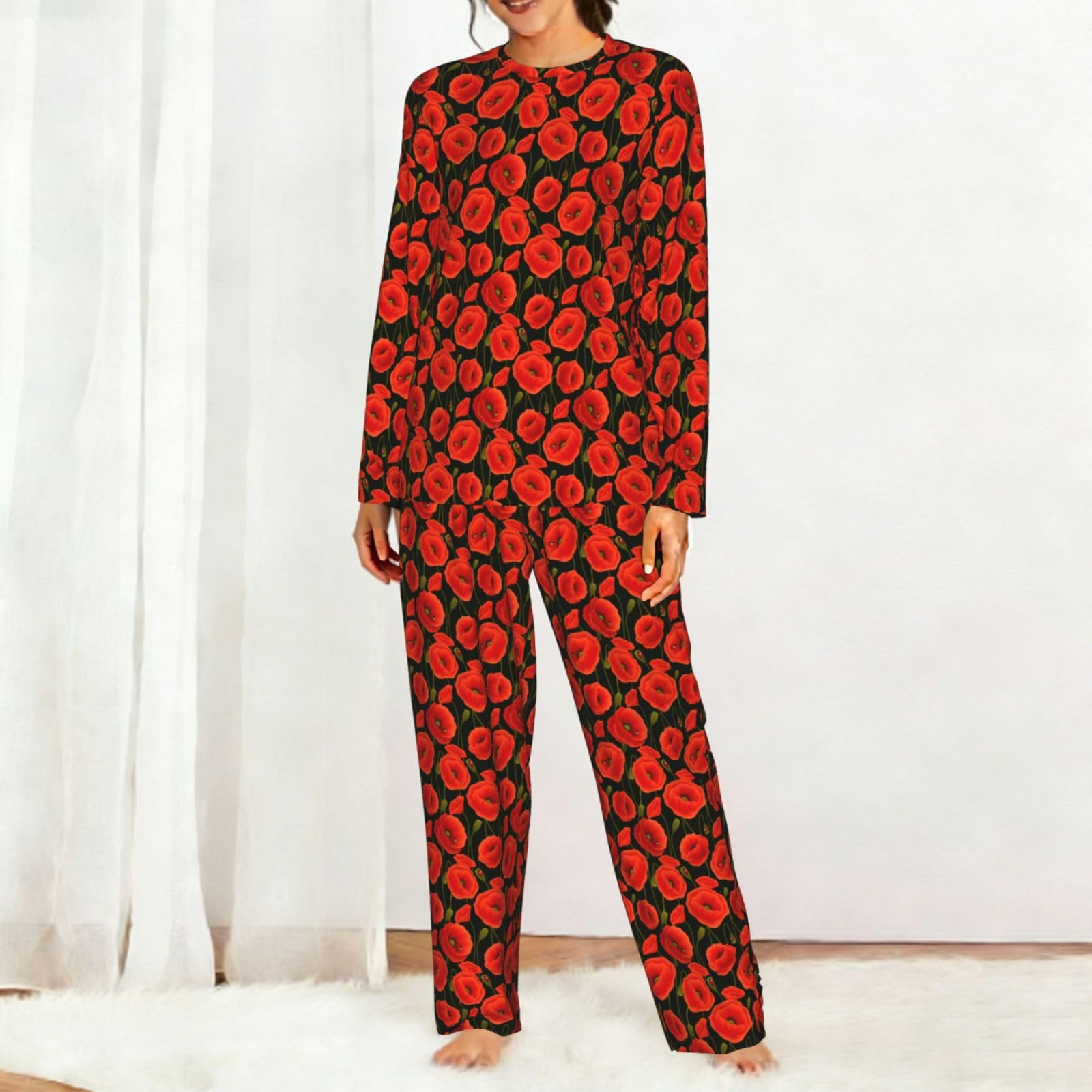 Pigiama da donna a maniche lunghe con stampa a fiori di papavero per vacanze, yoga, uscite casual, comodo regalo