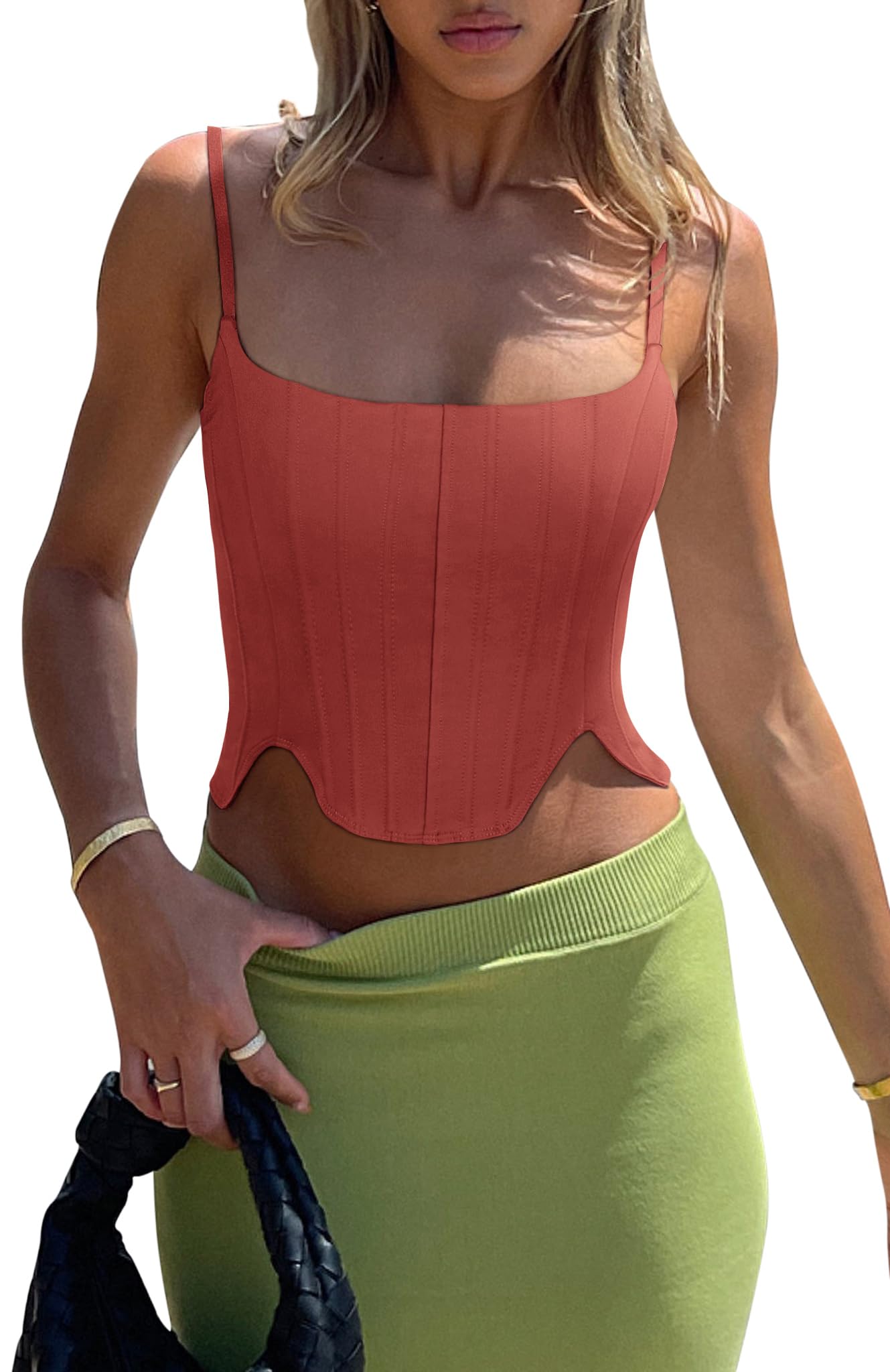 REORIA Women's Sexy Square Neck Trendy Sleeveless Adjustable Spaghetti Strap Corset Tank Crop Tops
