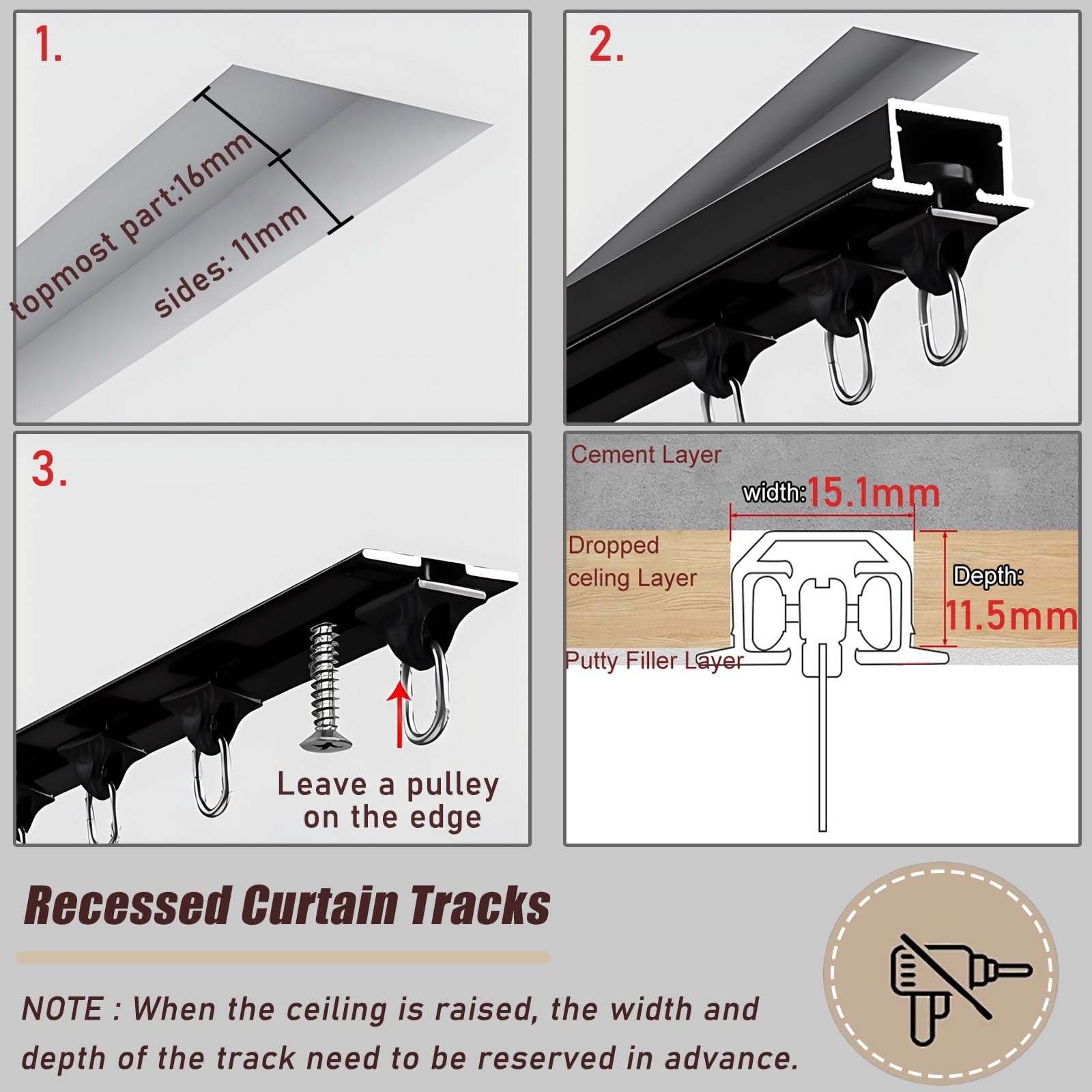 Kit de riel de cortina de aluminio, riel de cortina empotrado montado en el techo