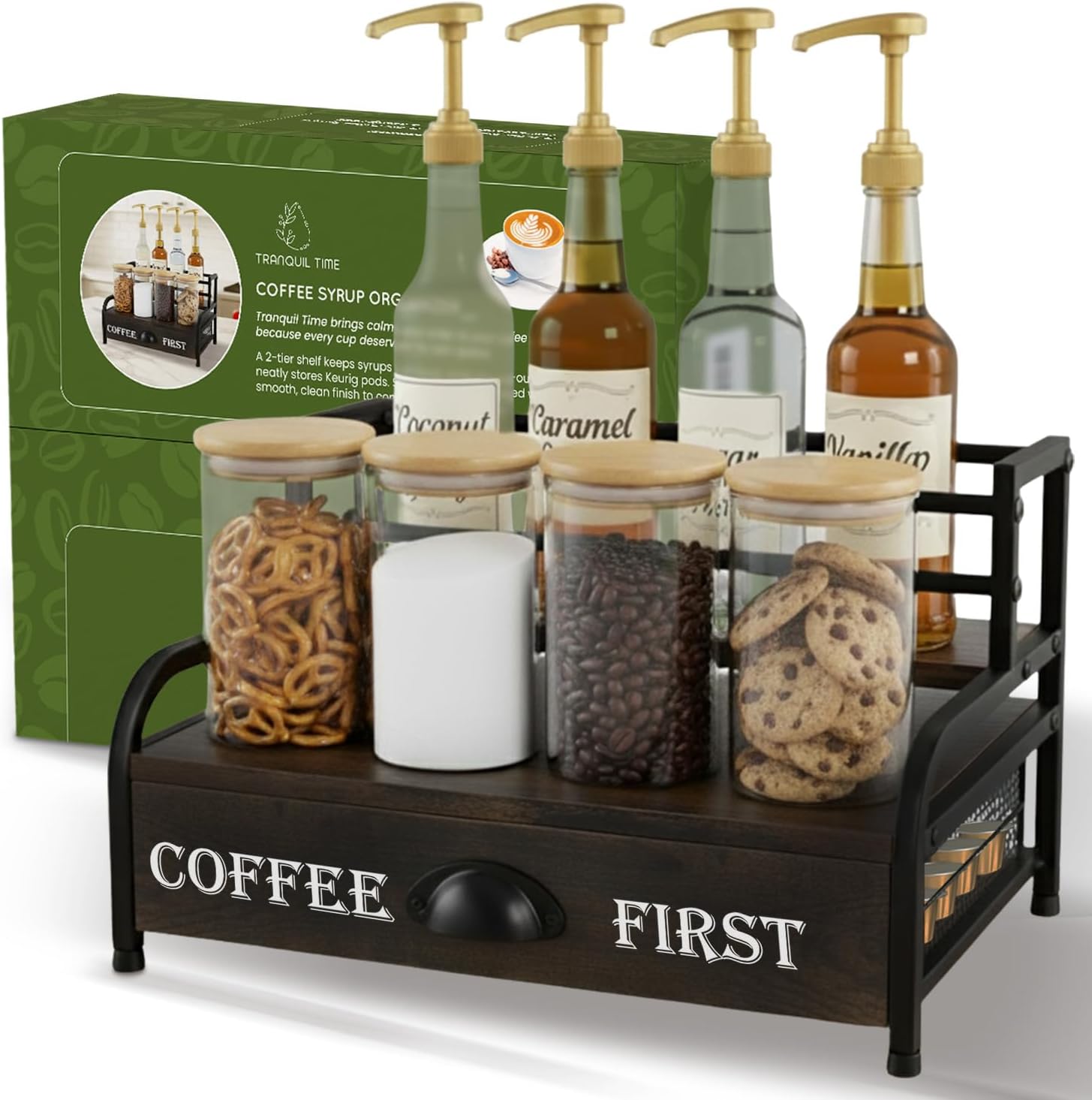Coffee Syrup Rack Organizer – 3-Tier Coffee Bar Stand for Countertop, Rustic Wood & Metal Bottle Display Shelf with Coffee Pod Drawer, Wine Rack, Liquor Display Shelf for Home Coffee Station