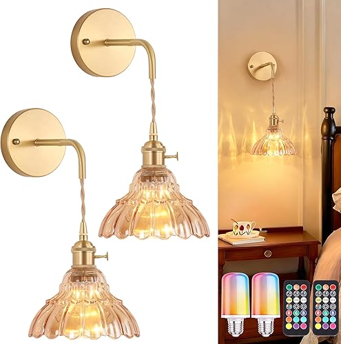 Miniatura 32 de Juego de 2 apliques de pared a pilas, luces de pared recargables vintage con pantalla de vidrio de lirio ámbar, lámpara de pared inalámbrica para