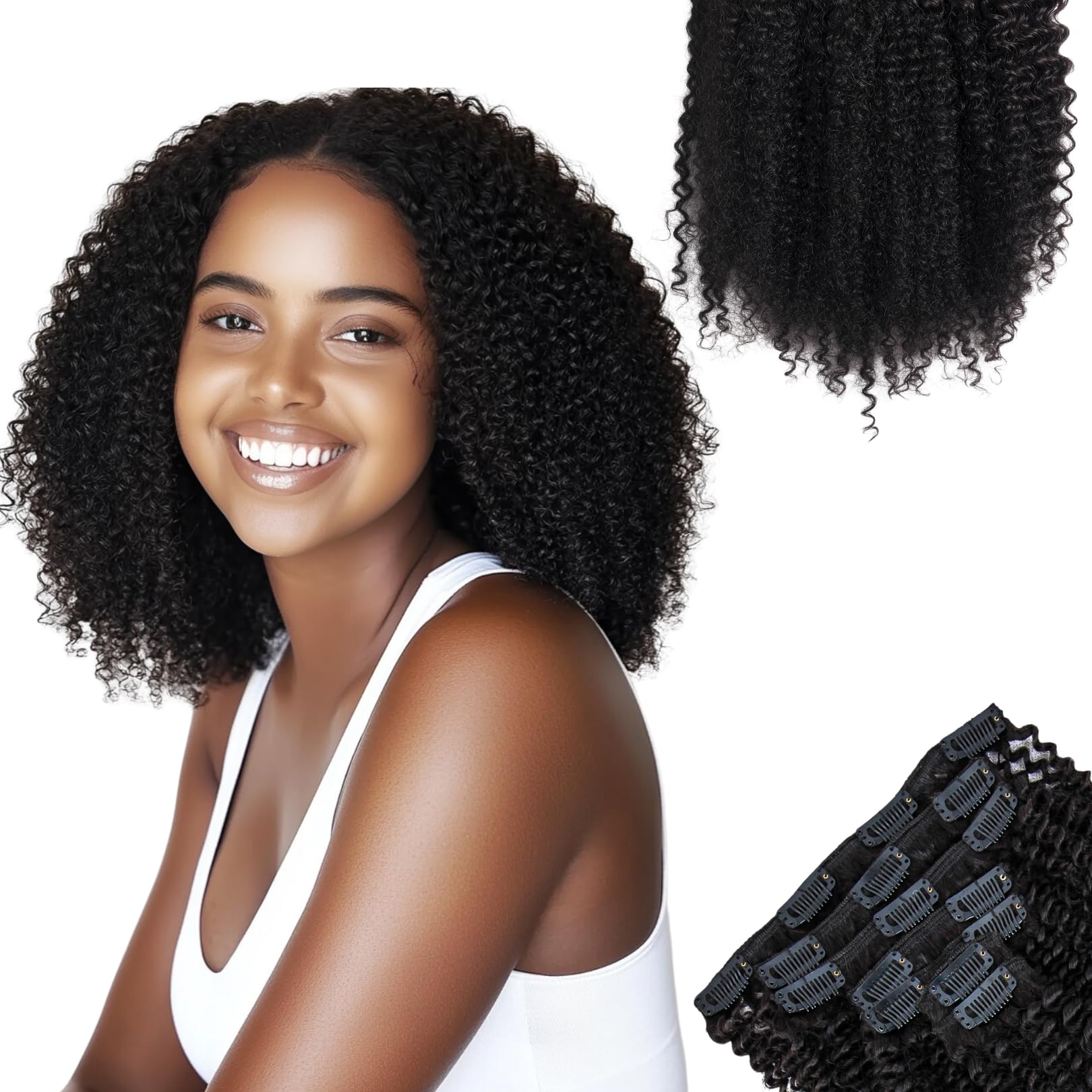 SIYUSI Afro Kinky Curly Clip In Extensions, 4B 4C 100% Brazilian Reamy Human Hair Clip Ins, Invisible & Scalp-Friendly, Natural Black Color, 4.23oz