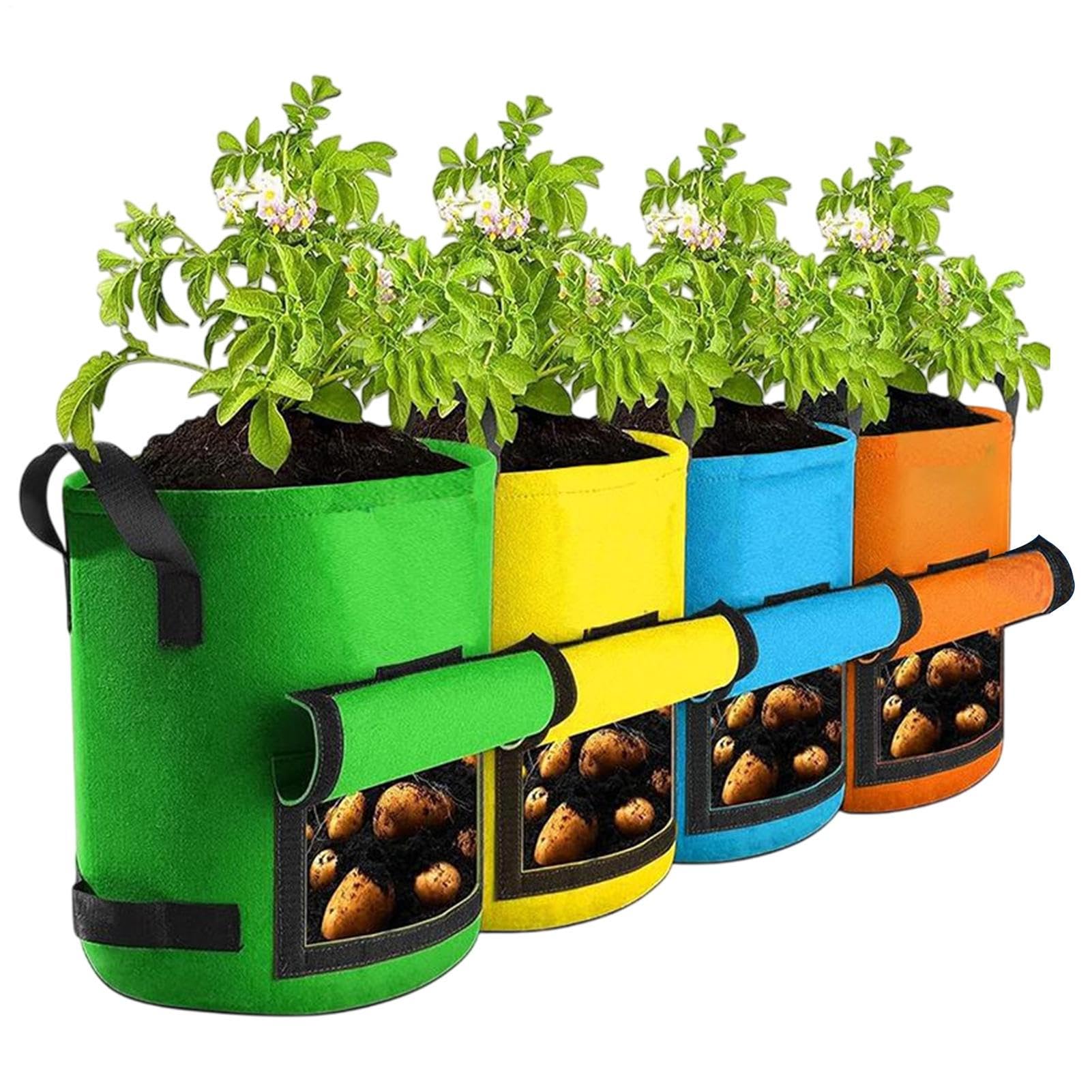 Sacos de Cultivo de Patatas Macetas de Tela para Vivero | 4 piezas contenedores tela cultivo con ventana y asa Zanahorias Cebollas Ajos Rábanos Taro Tomates Jardinería Vivero