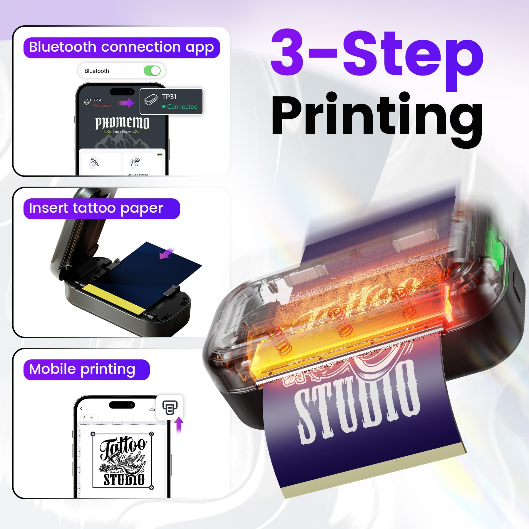 Tattoo Stencil Printer, TP31 Mini Thermal Tattoo Printer Machine with 30pcs Transfer Paper, Bluetooth Stencil Printe for Temporary Tattoos, Artists & Beginners, Compatible with Smartphone & Tablet 1