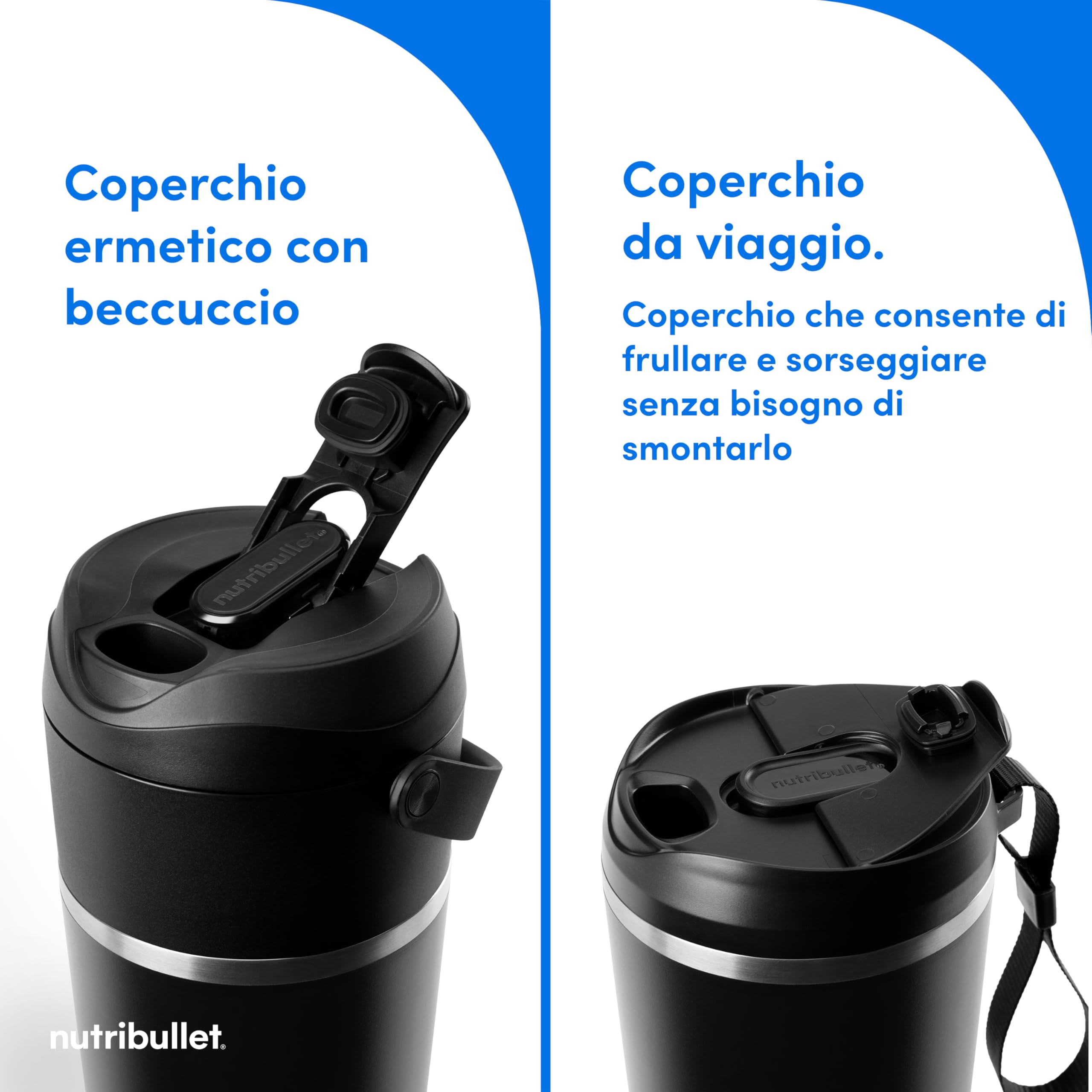 nutribullet Flip NBP016B, Frullatore Portatile Con Tazza Isolante Da 590ml, Mantenimento Freddo Per 24h, Frulla Il Ghiaccio, Inclusi Coperchio E Cannuccia, Ricarica USB-C, Acciaio Inossidabile, Nero