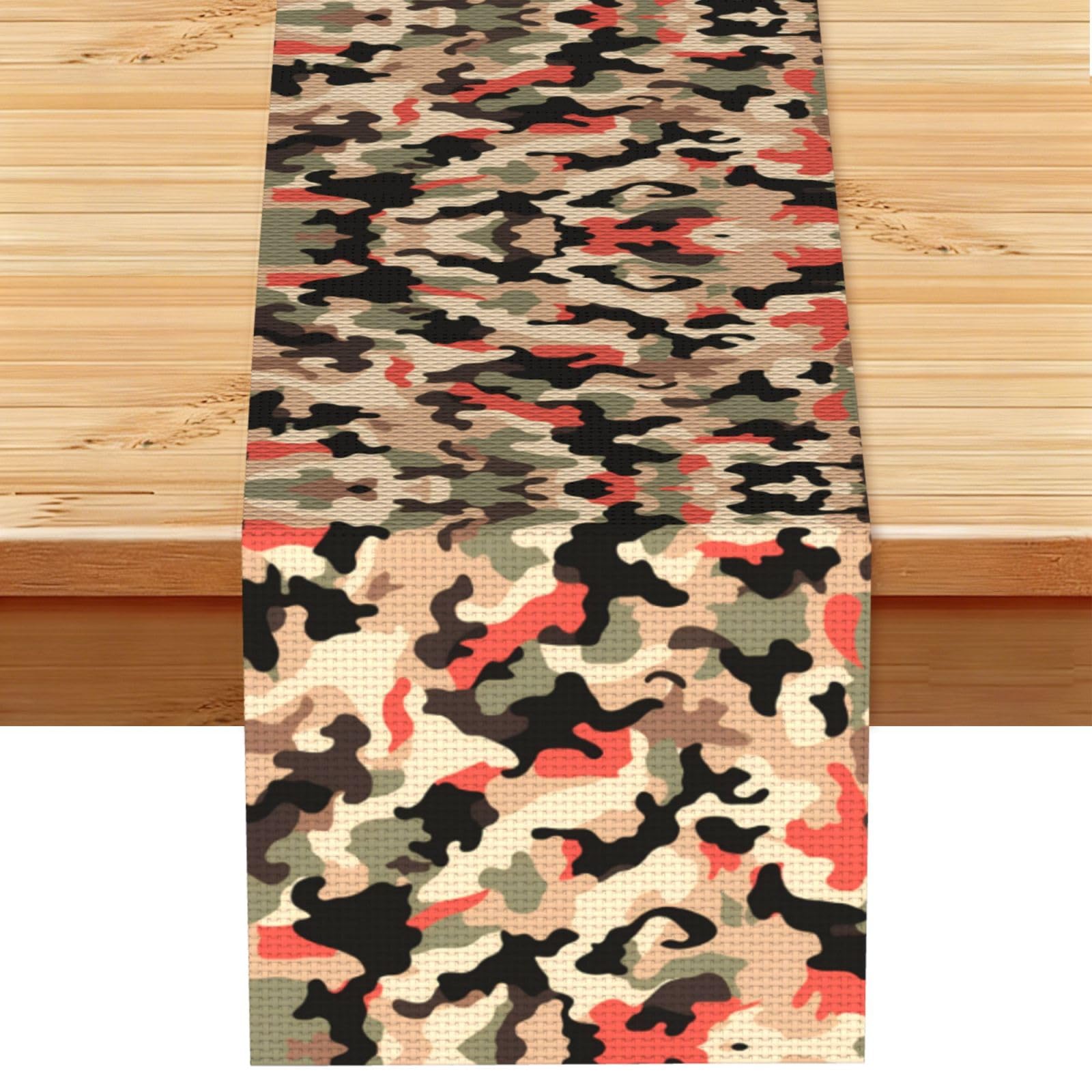 Vivid Red Beige Camo Printed Table Runner 13 x 72, Wrinkle Resistant Decor for Dining Table Coffee Table Fireplace