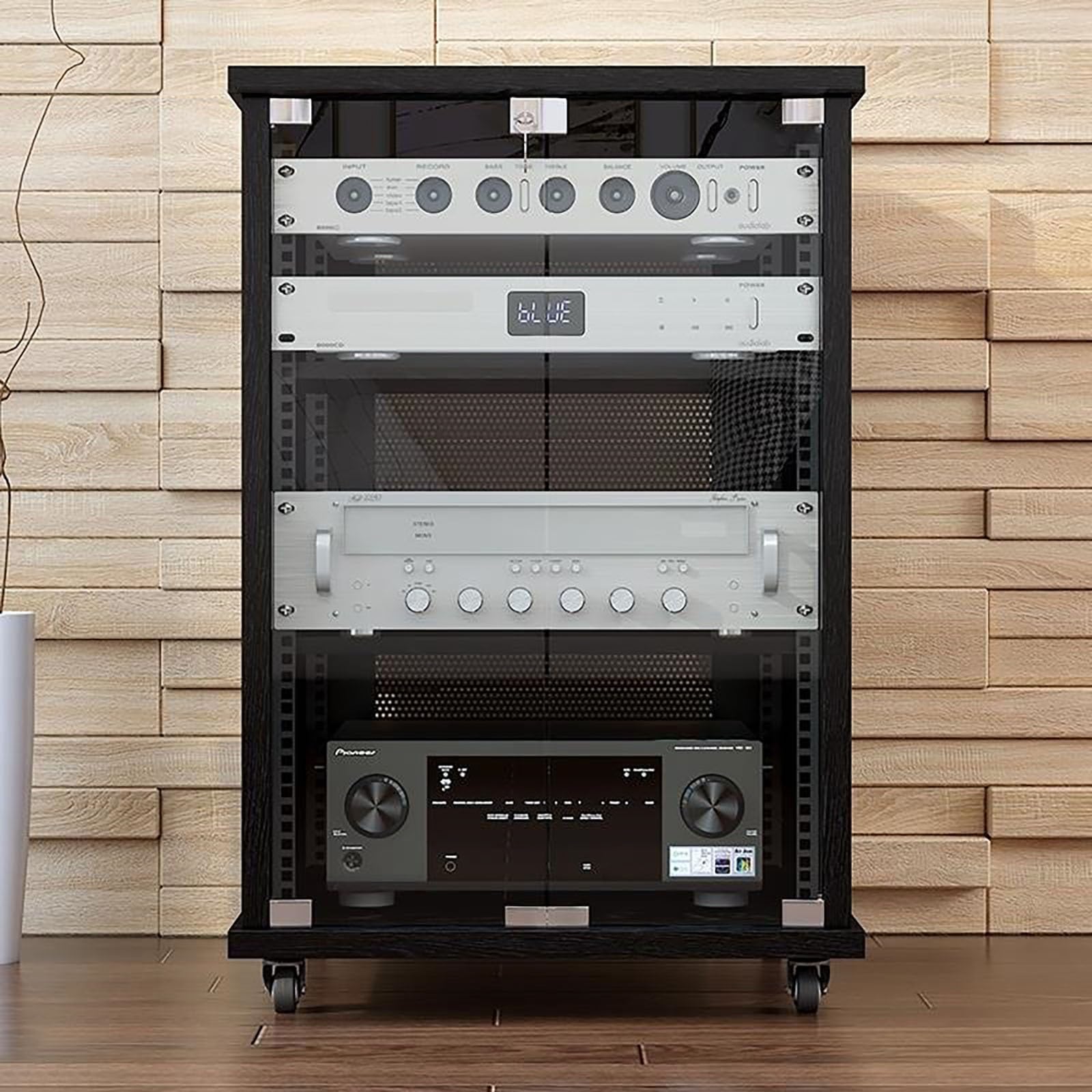 Rack Audio Mobile Con Ruote Universali, Mobiletto Rack Per Stereo, Mobile Per Stereo Hifi Chiuso, Mobile Hifi Legno, Mobile Hifi Con Ruote Adatto Per Lettori DVD/Console Di Gioco/Accessori TV(Black,H8