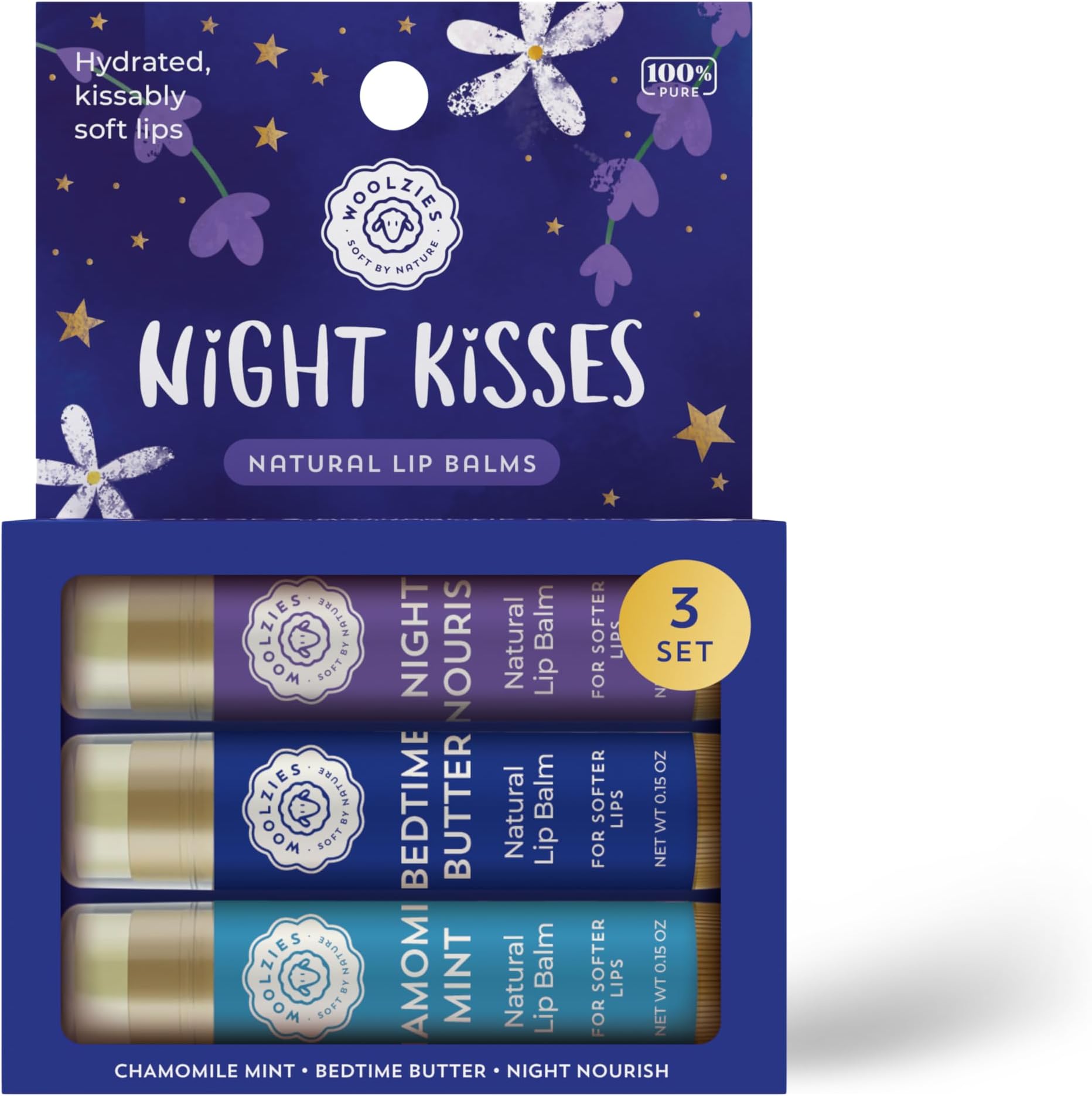 Lip Balm Set: All-Natural Shea Butter, Beeswax, Coconut Oil, Vitamin E Infused Lip Moisturizer Care (3 Pack, Night Kisses)