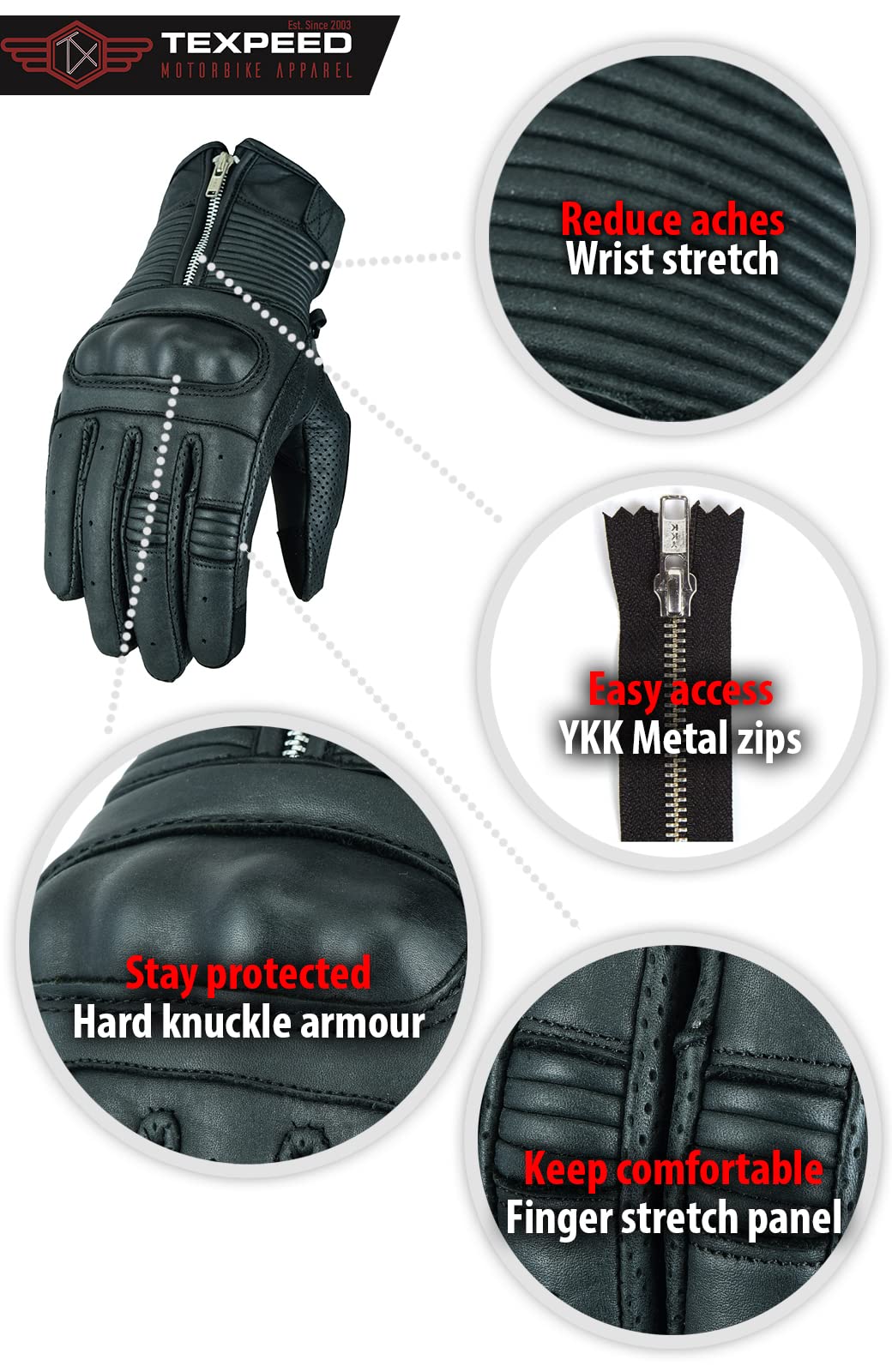 Texpeed Guanti da moto in pelle uomo - Estivi/invernali Guanti per motociclisti - Protezione delle mani zippata per ciclomotore Armatura